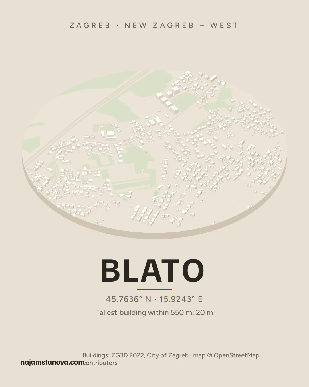 Map of Blato in the “Drone” style: buildings, streets, parks and water within 900 m
