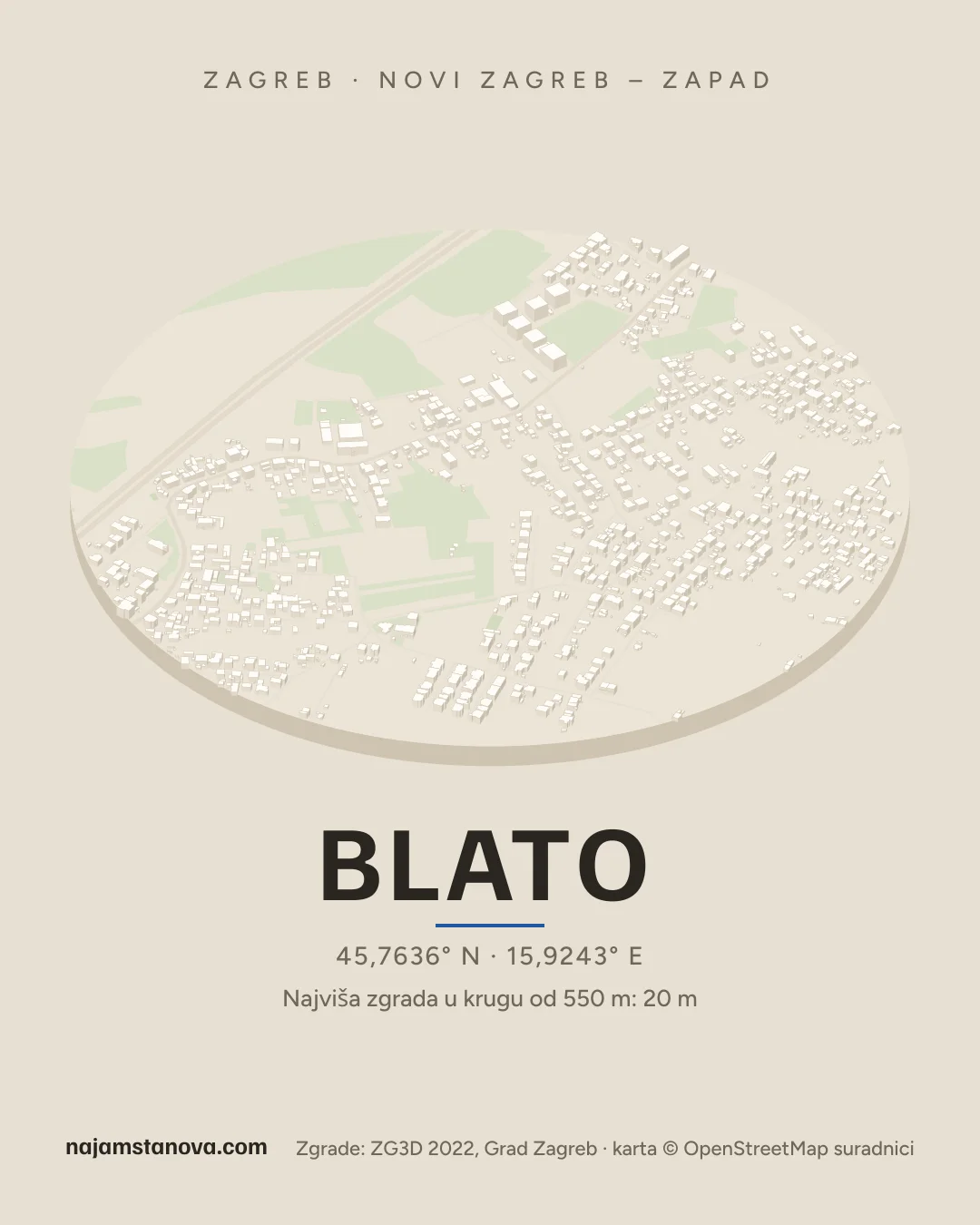 Karta kvarta Blato u stilu „Dron”: zgrade, ulice, parkovi i vode u krugu od 900 m