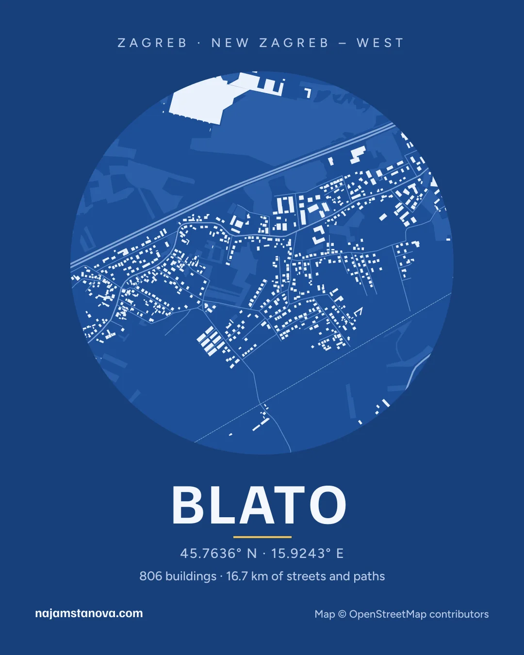 Map of Blato in the “Blueprint” style: buildings, streets, parks and water within 900 m