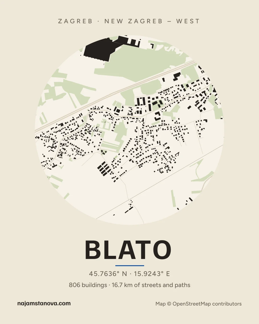 Map of Blato in the “Paper” style: buildings, streets, parks and water within 900 m