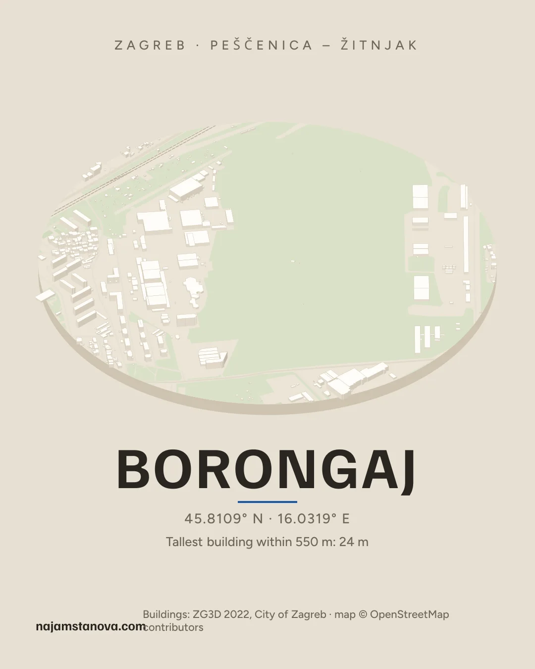Map of Borongaj in the “Drone” style: buildings, streets, parks and water within 900 m