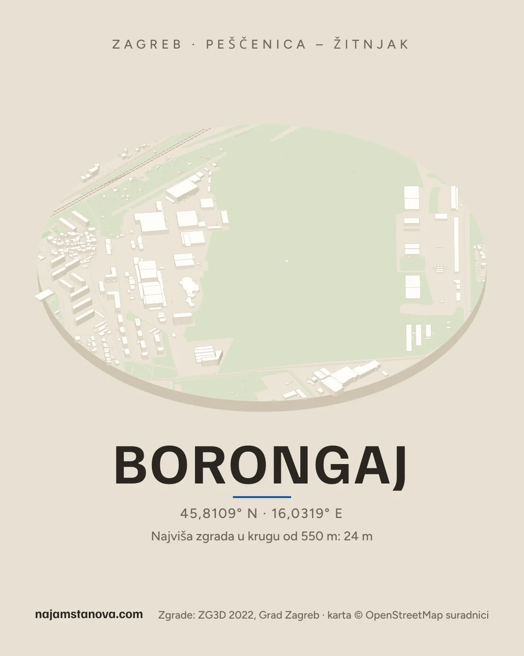 Karta kvarta Borongaj u stilu „Dron”: zgrade, ulice, parkovi i vode u krugu od 900 m