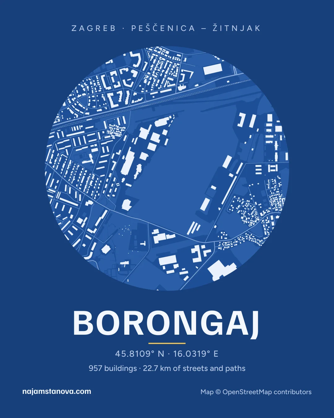 Map of Borongaj in the “Blueprint” style: buildings, streets, parks and water within 900 m