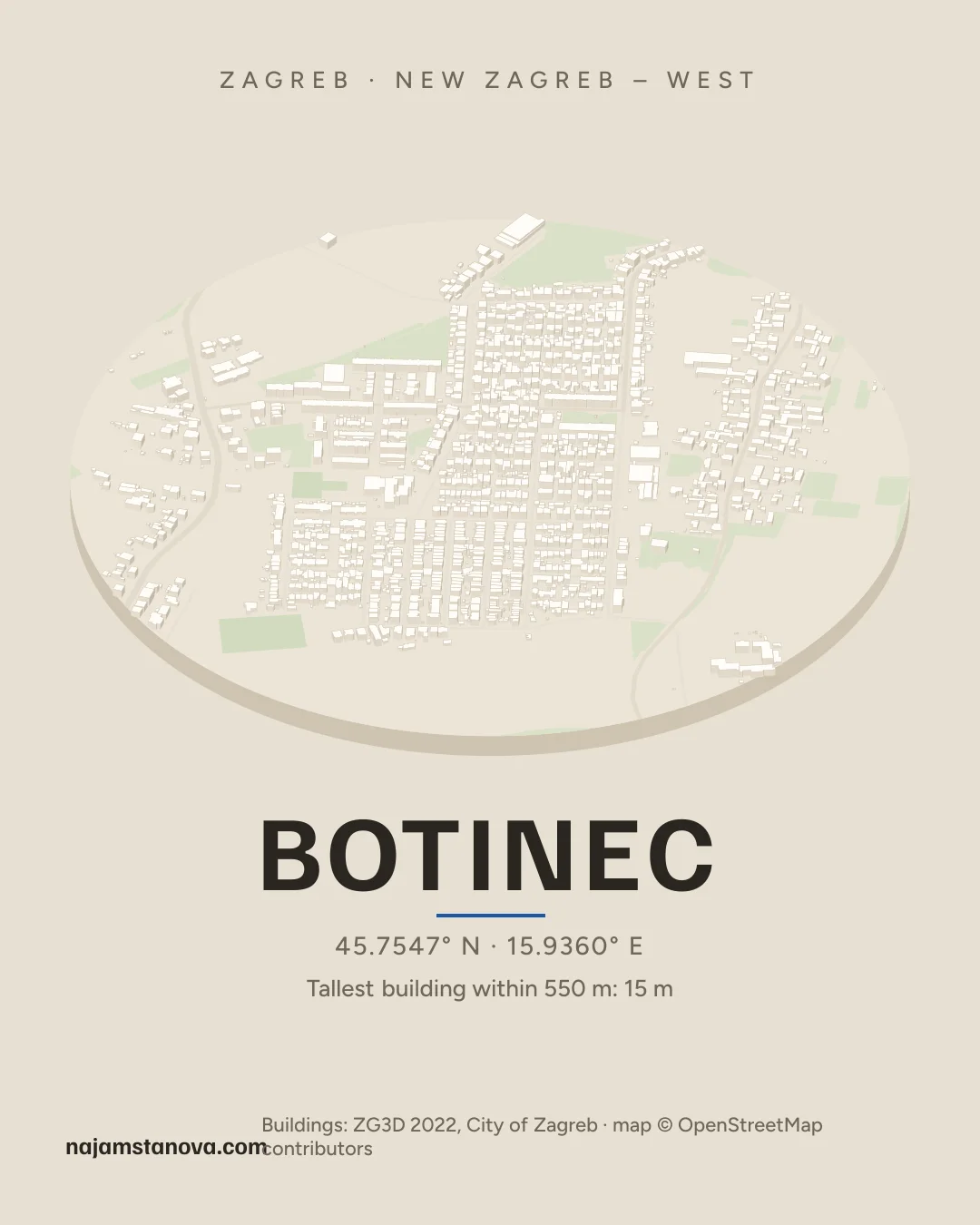 Map of Botinec in the “Drone” style: buildings, streets, parks and water within 900 m