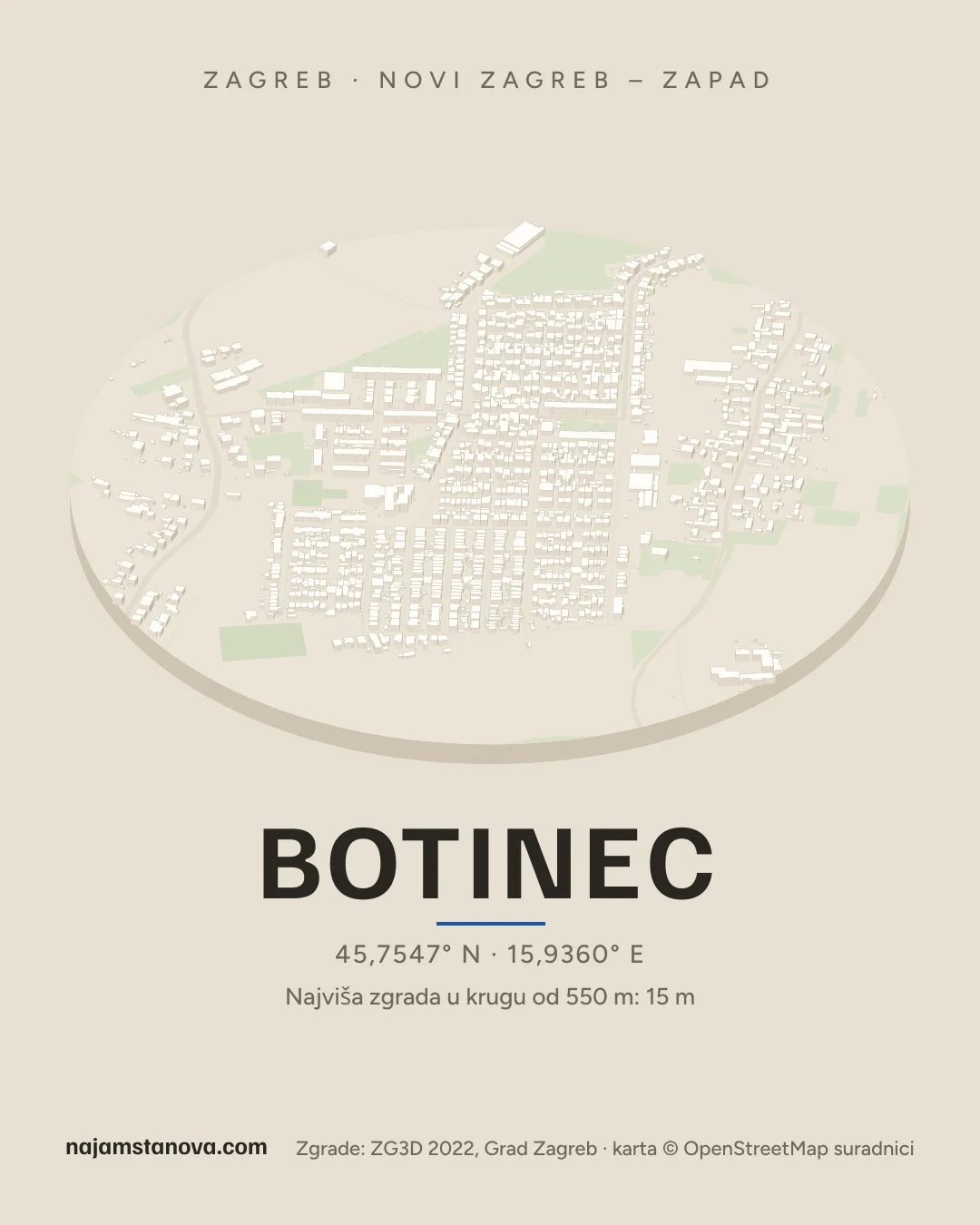 Karta kvarta Botinec u stilu „Dron”: zgrade, ulice, parkovi i vode u krugu od 900 m