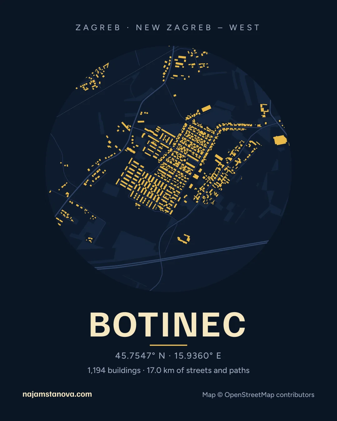 Map of Botinec in the “Night” style: buildings, streets, parks and water within 900 m