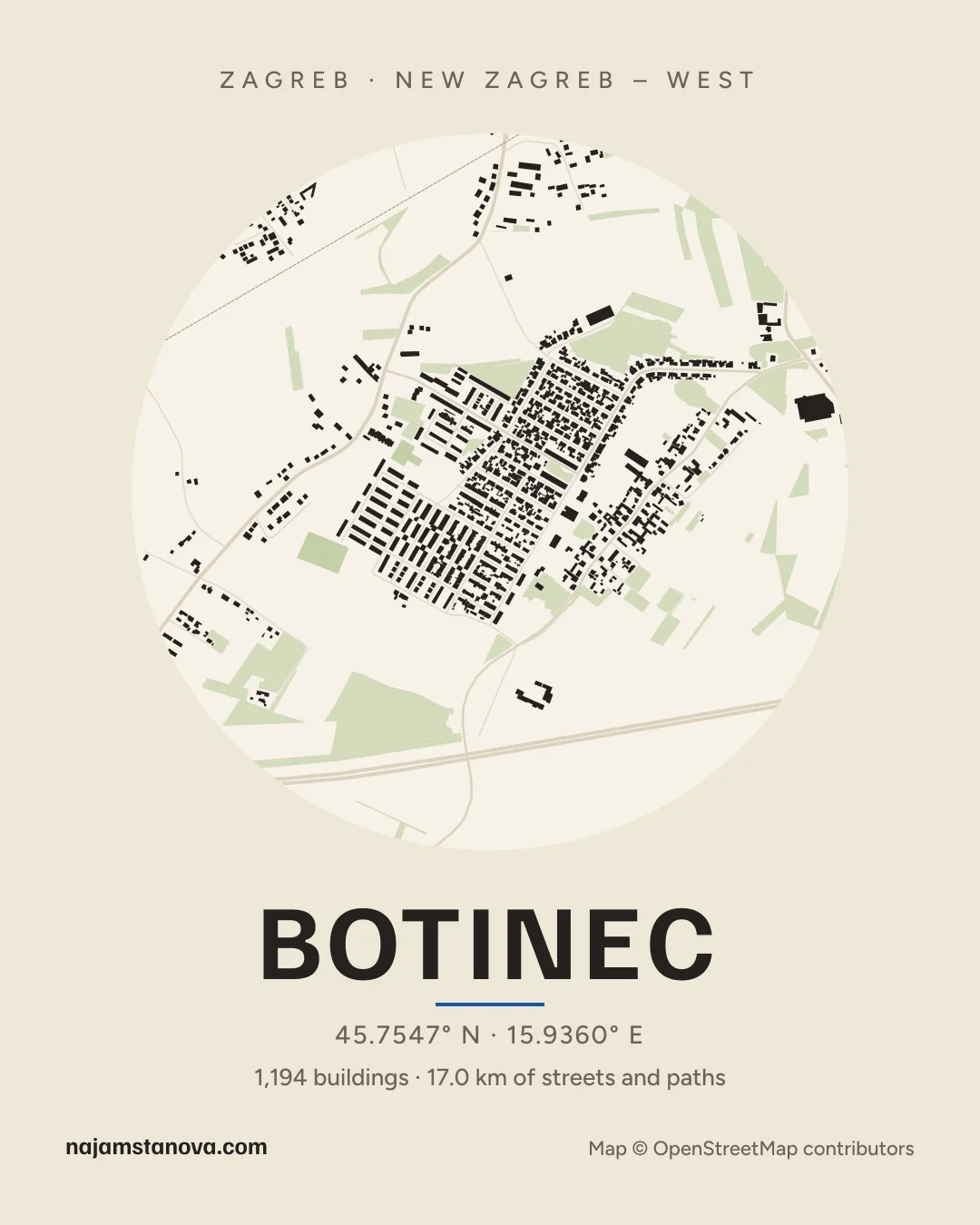 Map of Botinec in the “Paper” style: buildings, streets, parks and water within 900 m