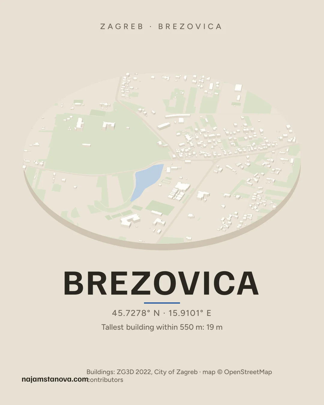 Map of Brezovica in the “Drone” style: buildings, streets, parks and water within 900 m