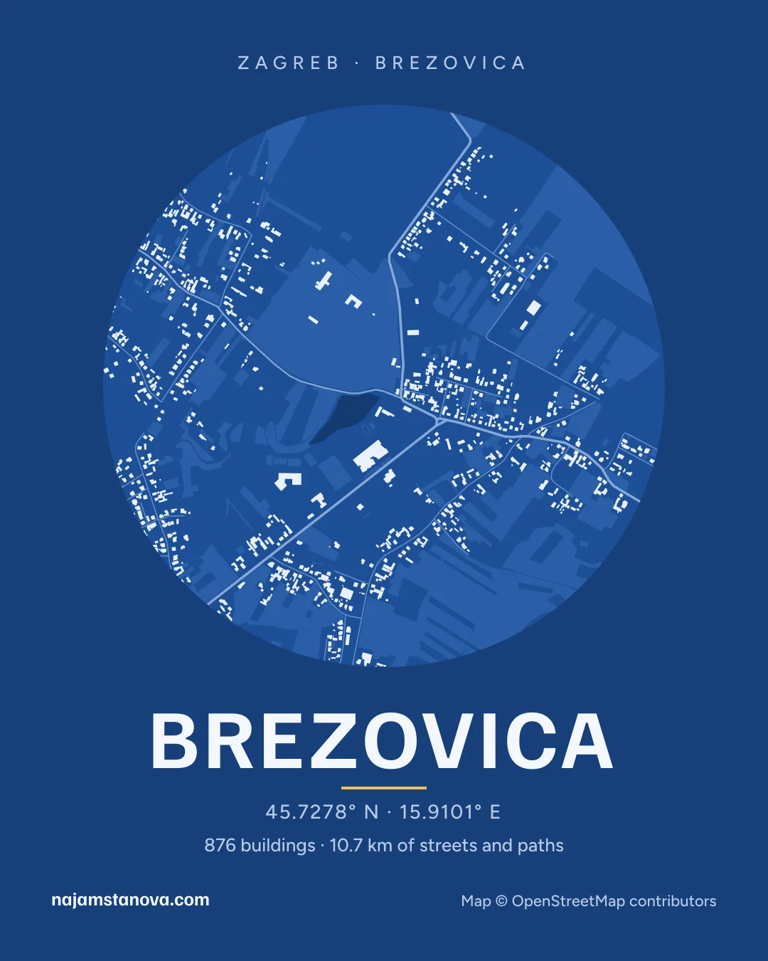 Map of Brezovica in the “Blueprint” style: buildings, streets, parks and water within 900 m