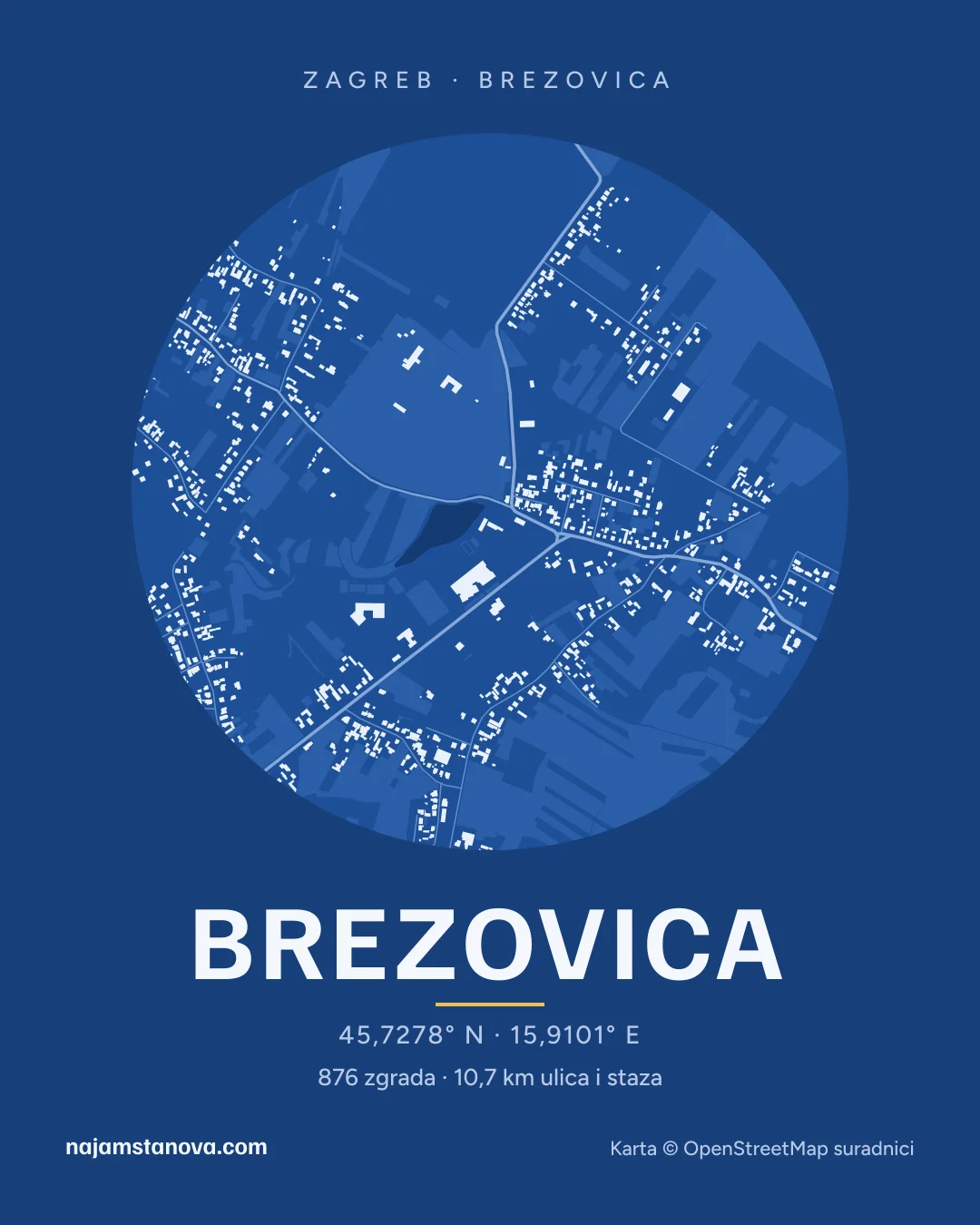 Karta kvarta Brezovica u stilu „Nacrt”: zgrade, ulice, parkovi i vode u krugu od 900 m