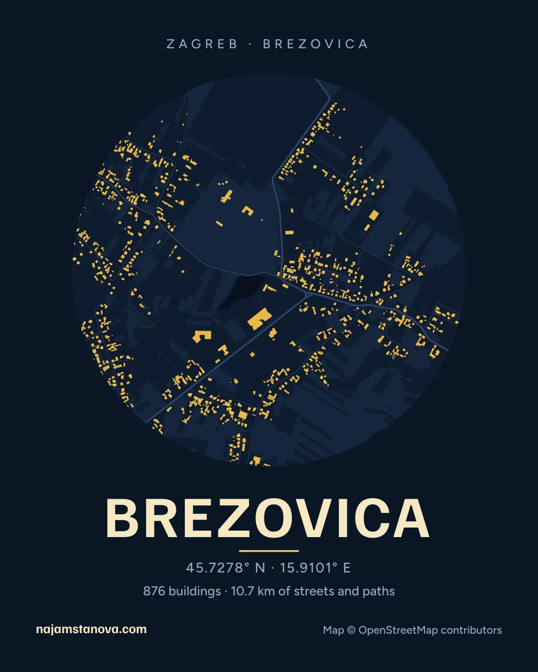 Map of Brezovica in the “Night” style: buildings, streets, parks and water within 900 m