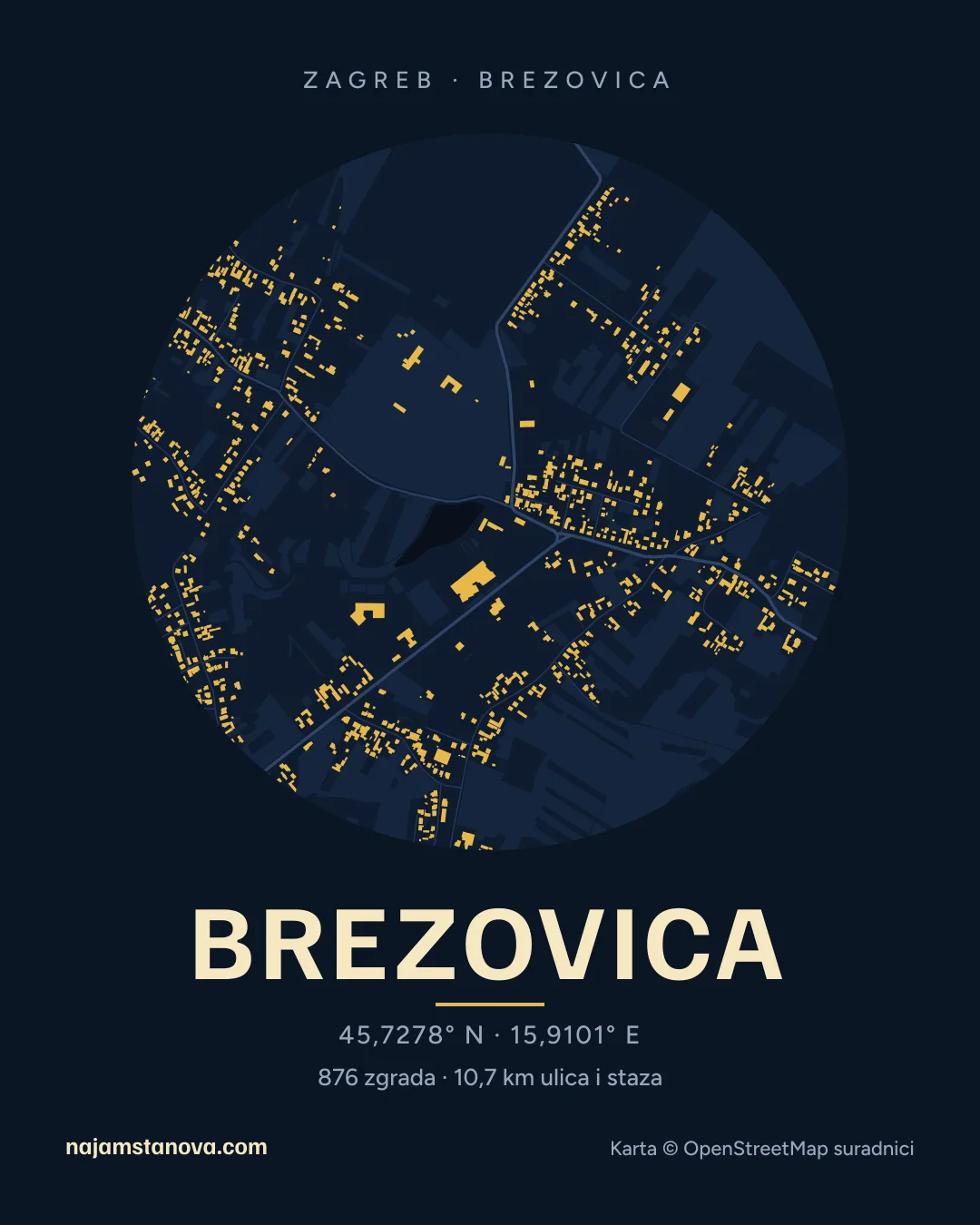 Karta kvarta Brezovica u stilu „Noć”: zgrade, ulice, parkovi i vode u krugu od 900 m