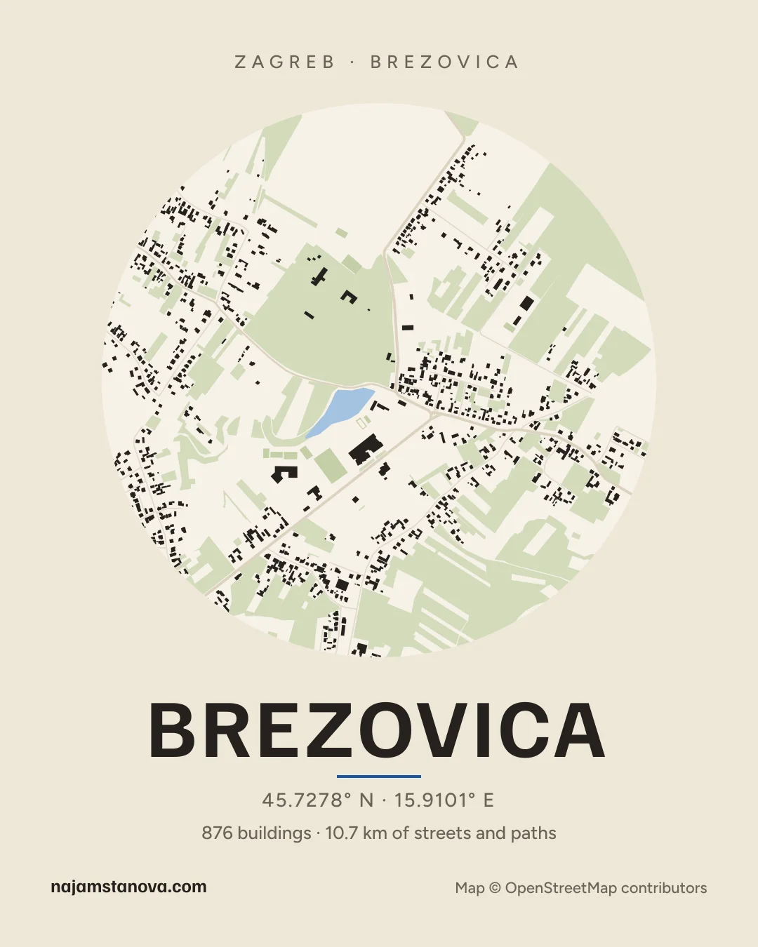 Map of Brezovica in the “Paper” style: buildings, streets, parks and water within 900 m