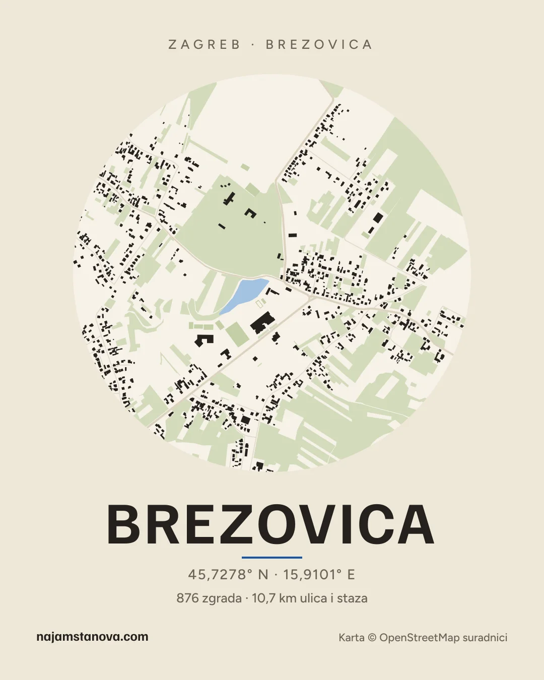 Karta kvarta Brezovica u stilu „Papir”: zgrade, ulice, parkovi i vode u krugu od 900 m