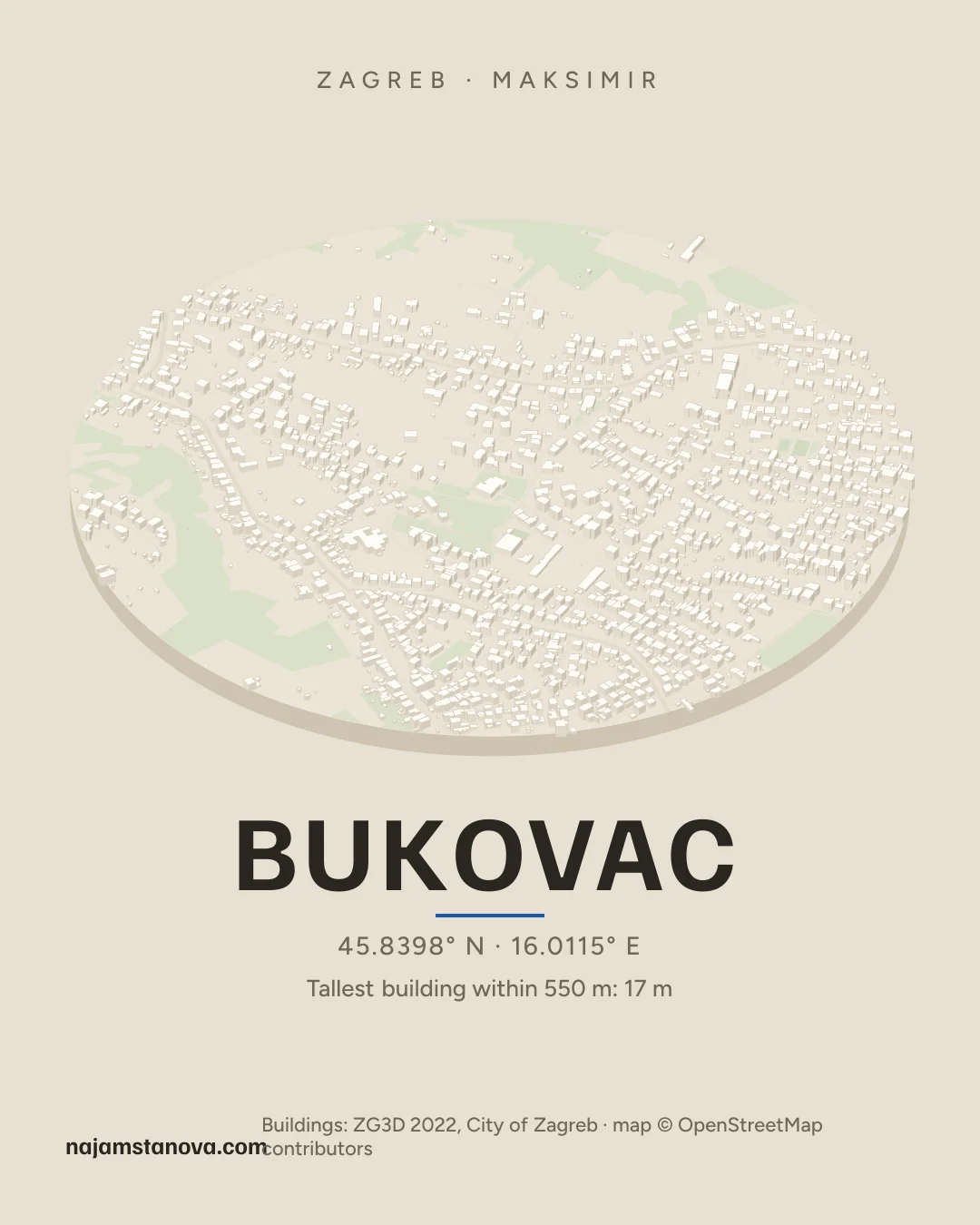 Map of Bukovac in the “Drone” style: buildings, streets, parks and water within 900 m