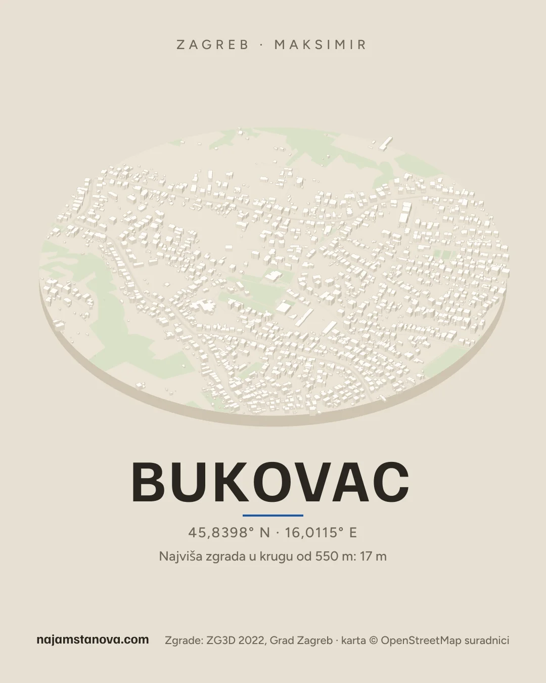 Karta kvarta Bukovac u stilu „Dron”: zgrade, ulice, parkovi i vode u krugu od 900 m