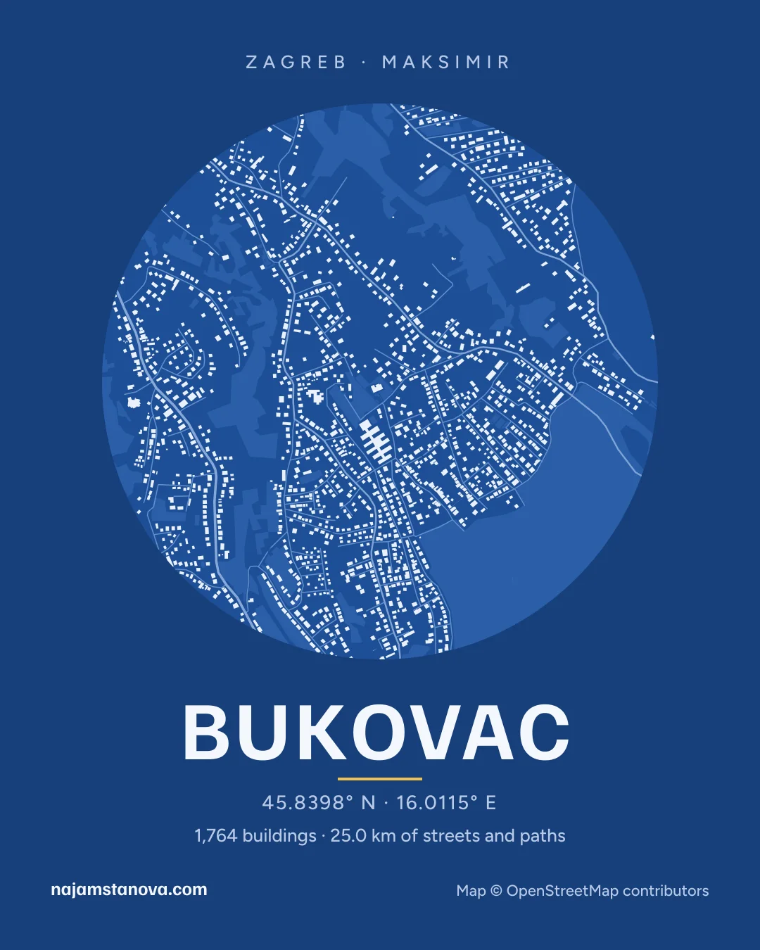 Map of Bukovac in the “Blueprint” style: buildings, streets, parks and water within 900 m
