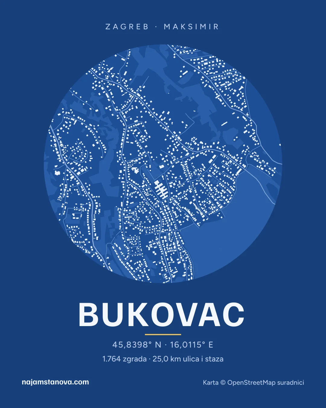 Karta kvarta Bukovac u stilu „Nacrt”: zgrade, ulice, parkovi i vode u krugu od 900 m