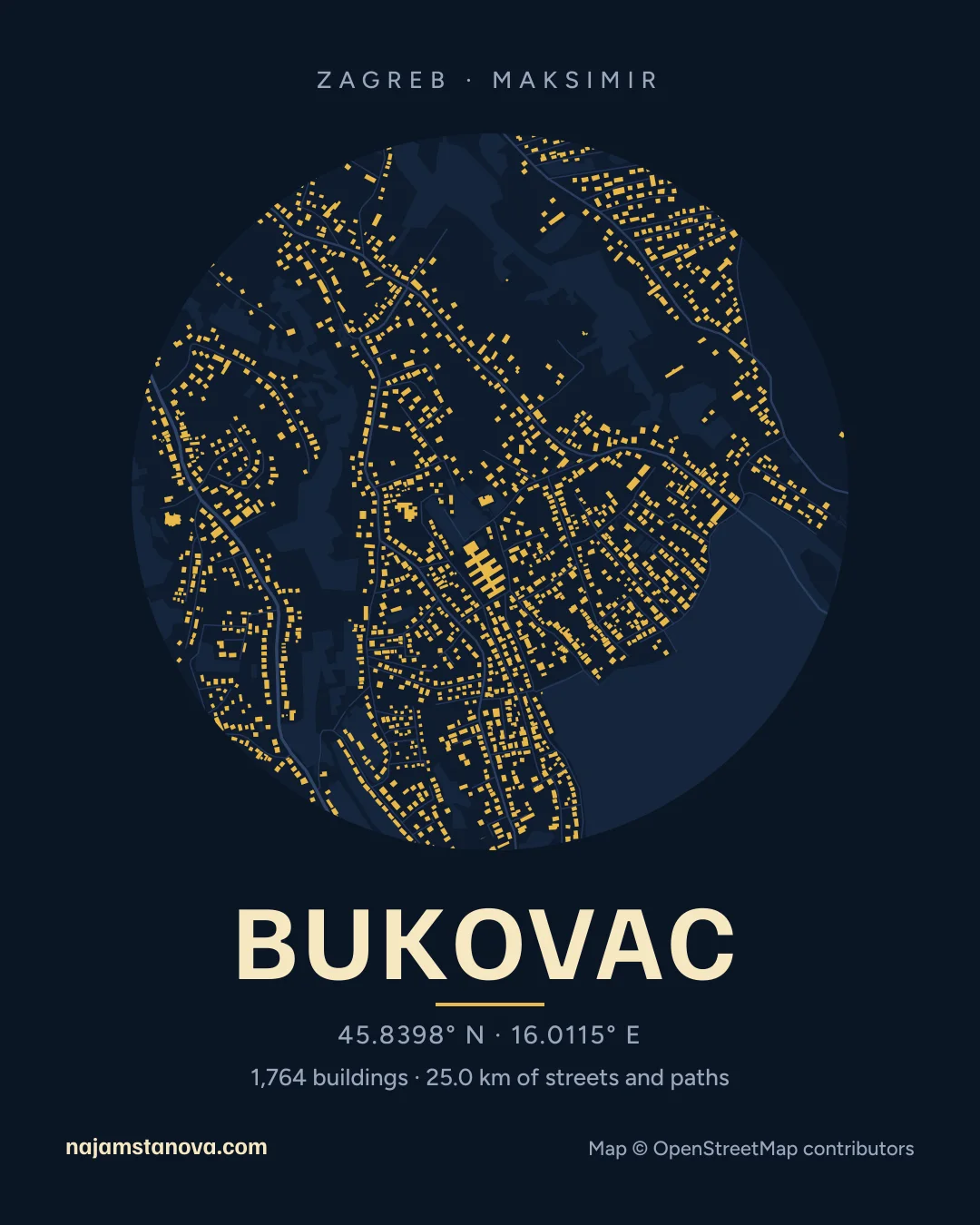 Map of Bukovac in the “Night” style: buildings, streets, parks and water within 900 m