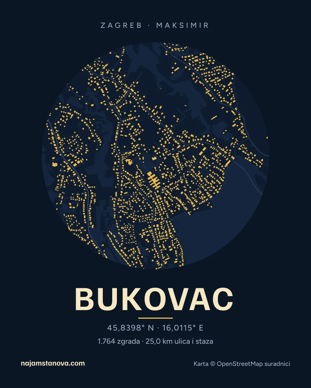 Karta kvarta Bukovac u stilu „Noć”: zgrade, ulice, parkovi i vode u krugu od 900 m