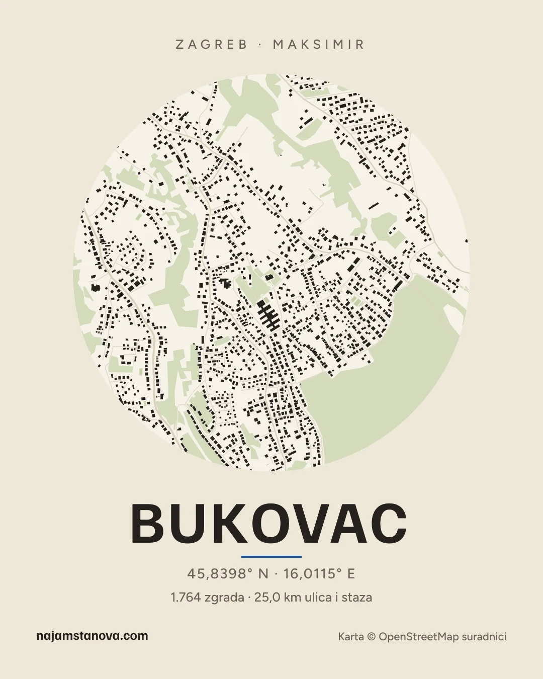 Karta kvarta Bukovac u stilu „Papir”: zgrade, ulice, parkovi i vode u krugu od 900 m