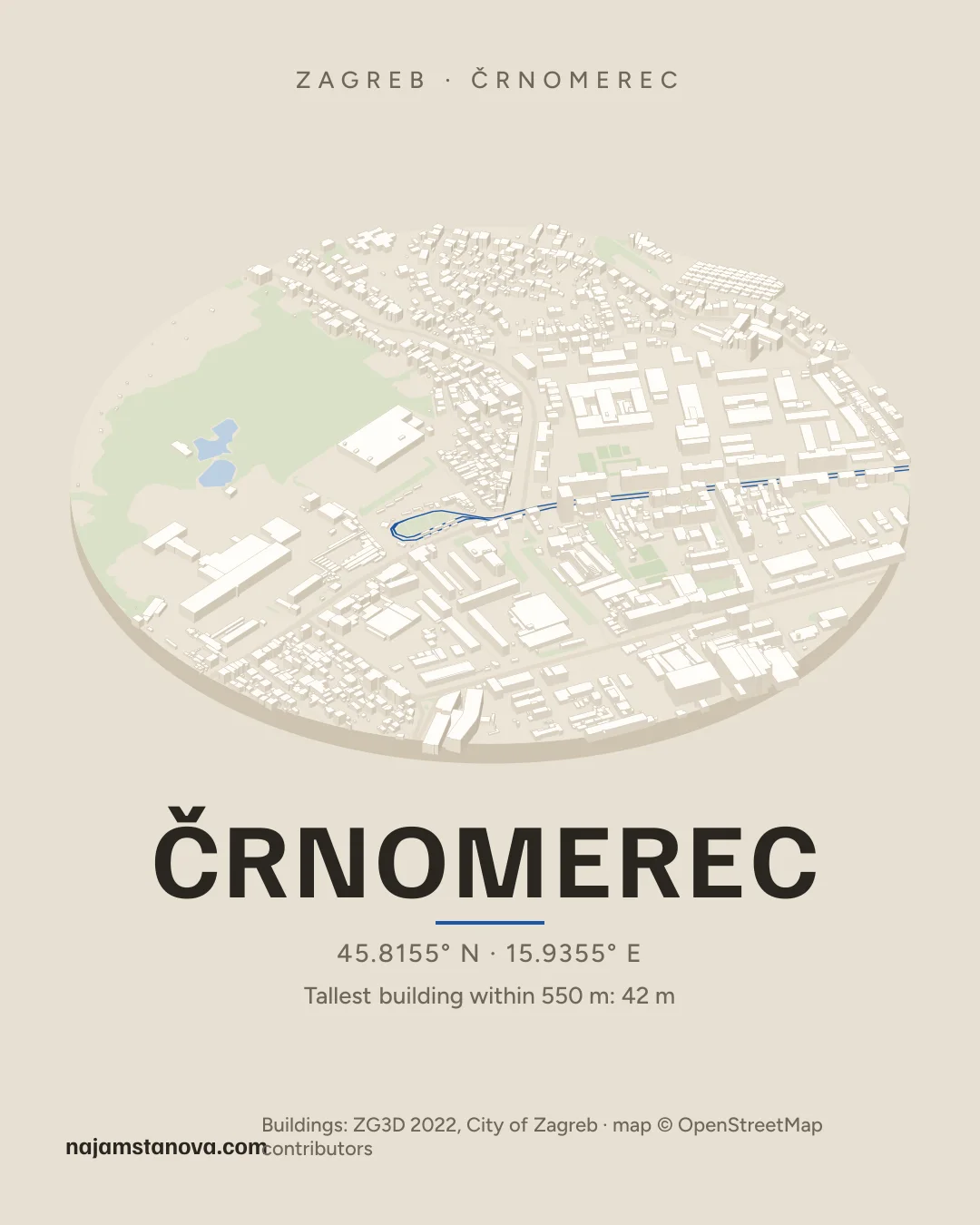 Map of Črnomerec in the “Drone” style: buildings, streets, parks and water within 900 m