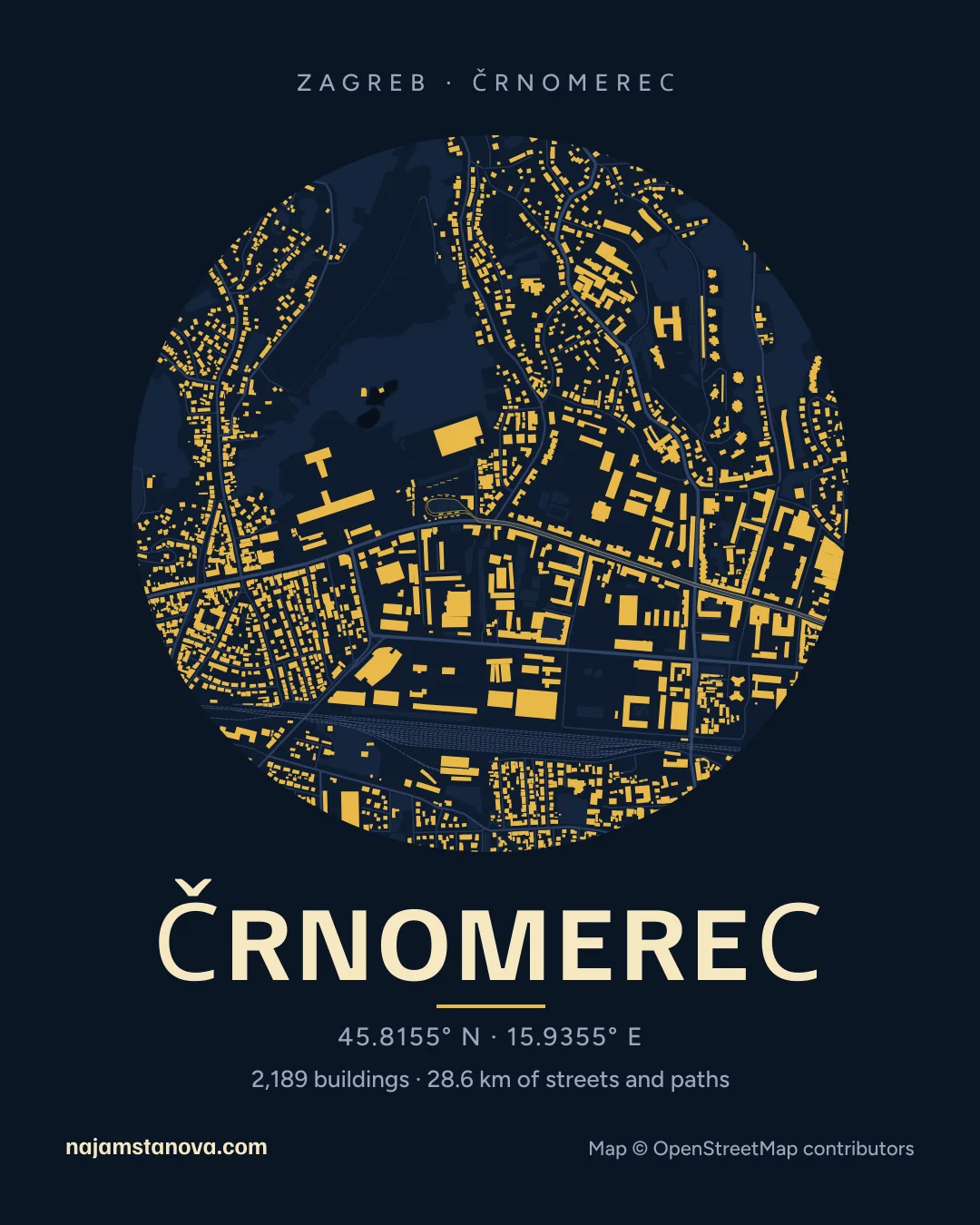 Map of Črnomerec in the “Night” style: buildings, streets, parks and water within 900 m