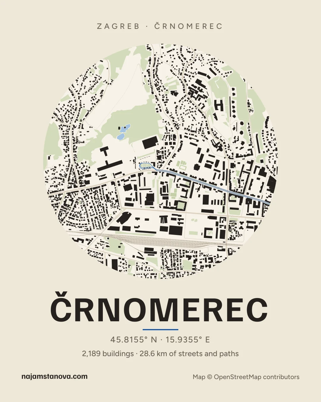 Map of Črnomerec in the “Paper” style: buildings, streets, parks and water within 900 m