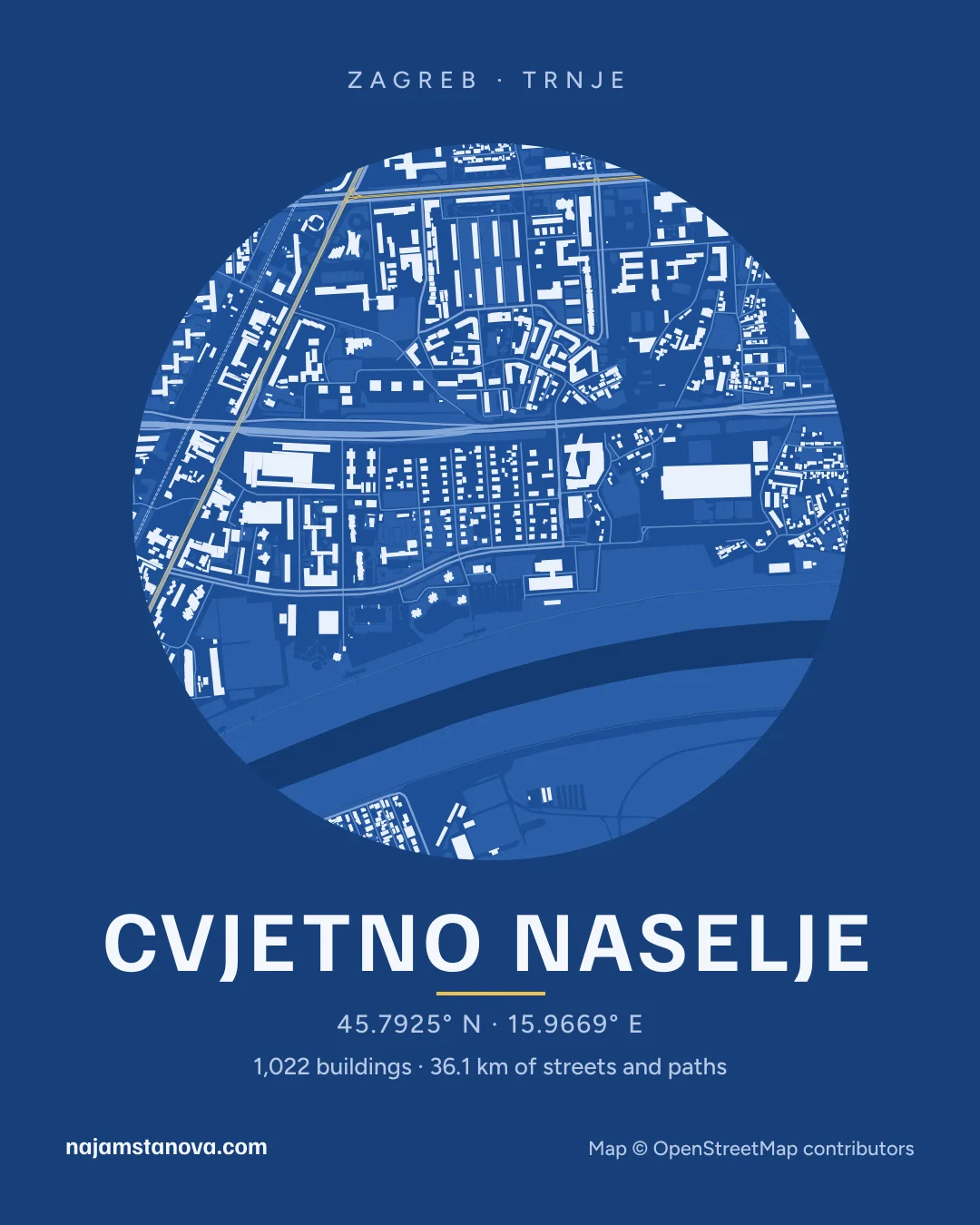 Map of Cvjetno naselje in the “Blueprint” style: buildings, streets, parks and water within 900 m