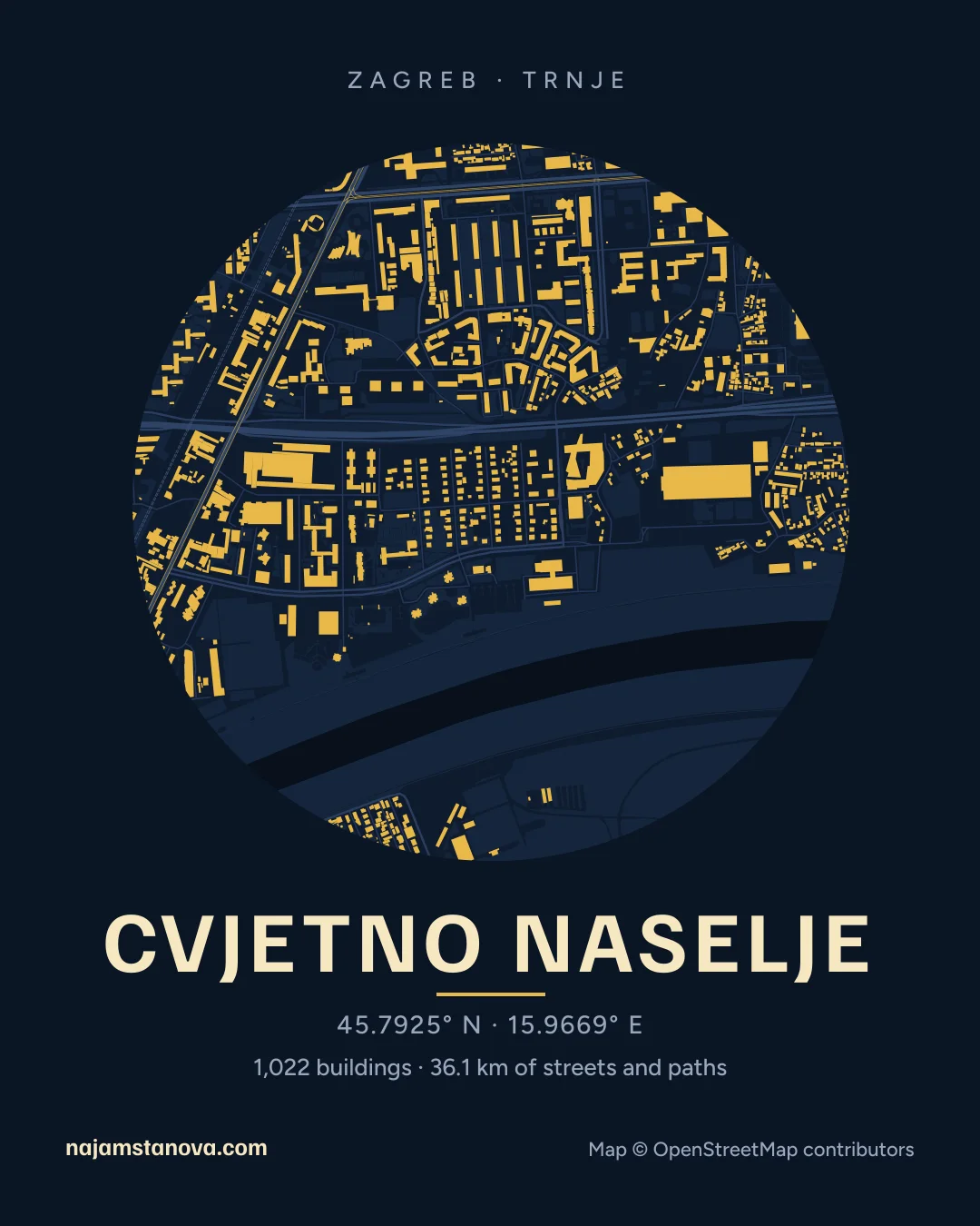 Map of Cvjetno naselje in the “Night” style: buildings, streets, parks and water within 900 m