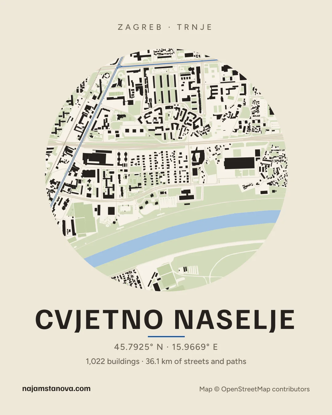 Map of Cvjetno naselje in the “Paper” style: buildings, streets, parks and water within 900 m