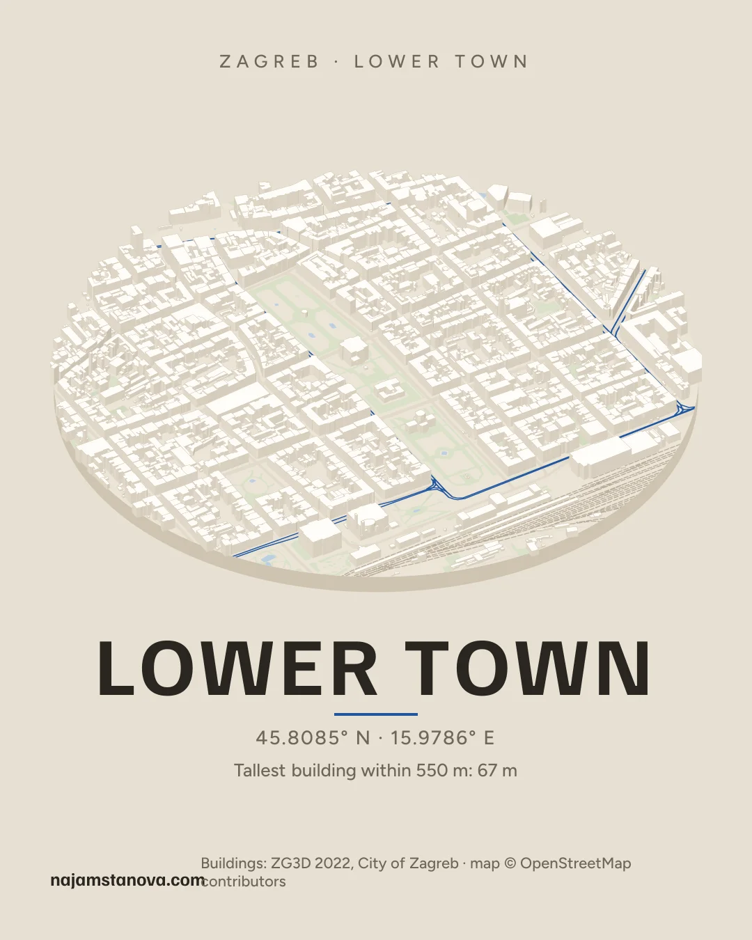 Map of Lower Town in the “Drone” style: buildings, streets, parks and water within 900 m