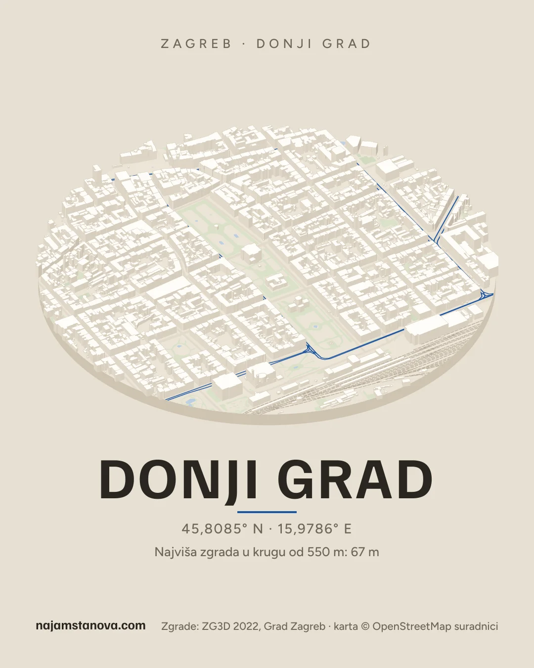 Karta kvarta Donji grad u stilu „Dron”: zgrade, ulice, parkovi i vode u krugu od 900 m