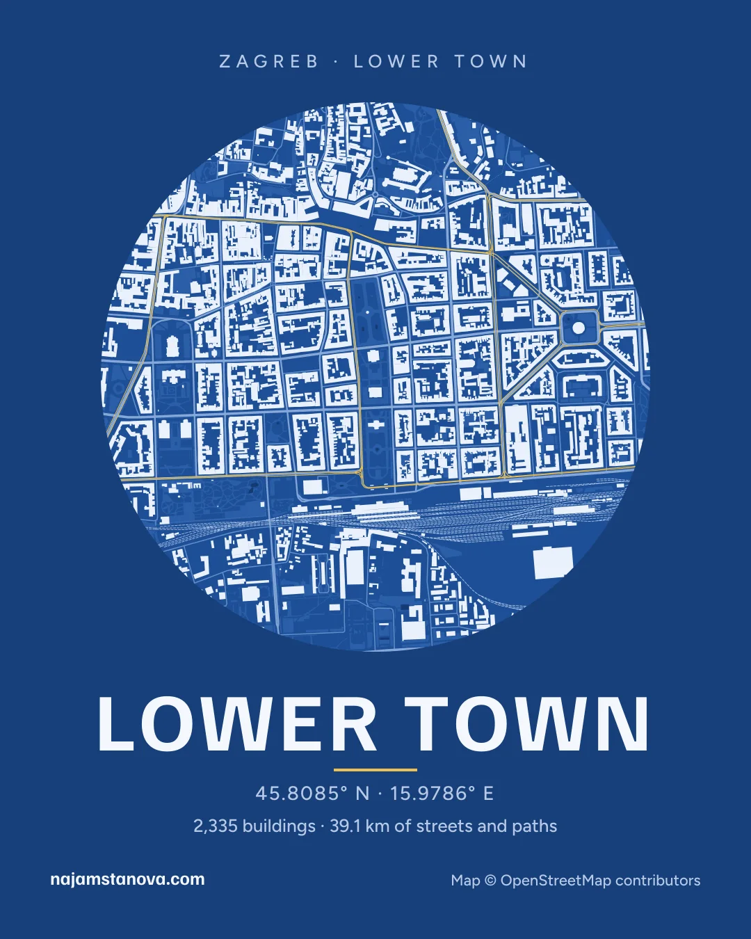 Map of Lower Town in the “Blueprint” style: buildings, streets, parks and water within 900 m