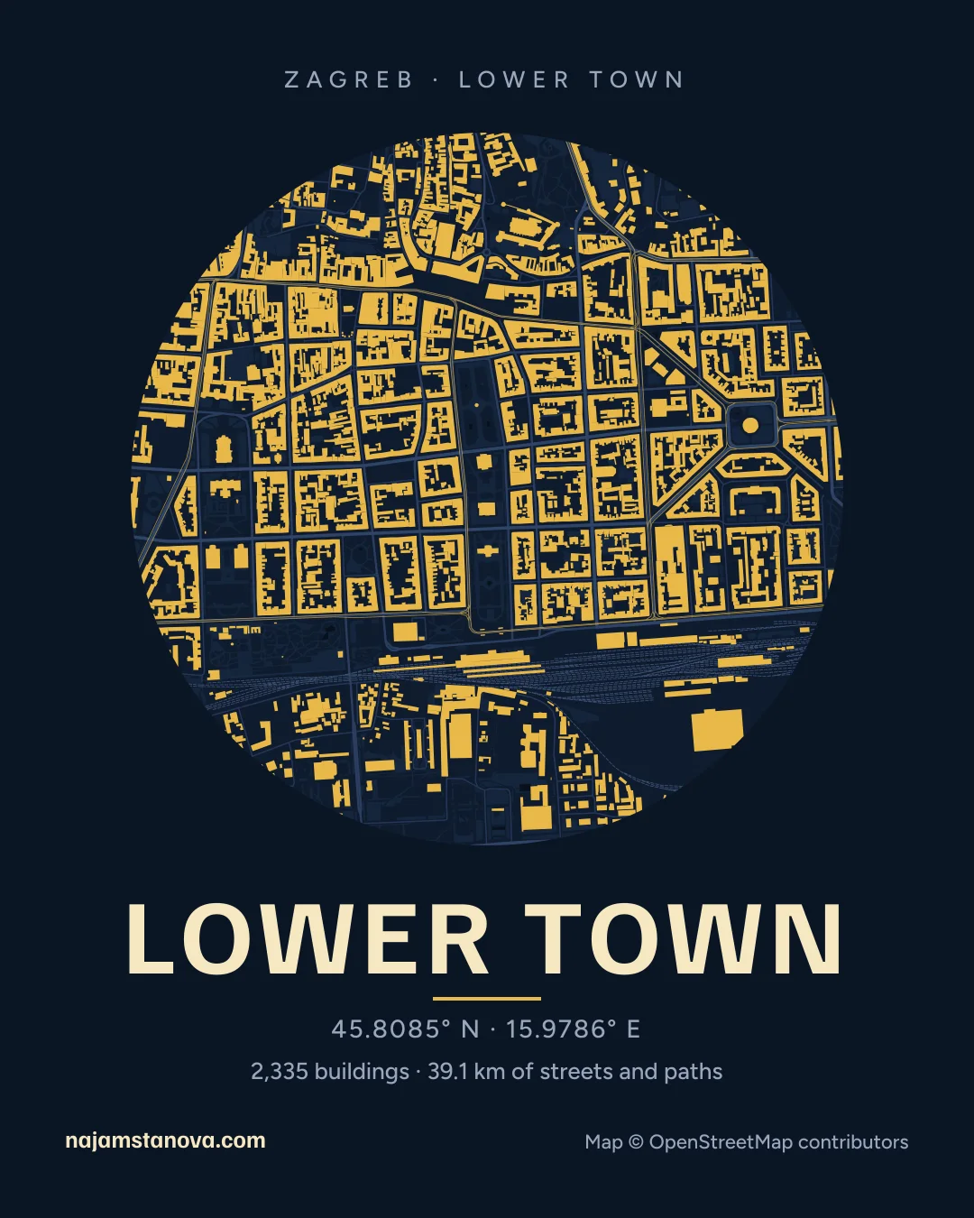 Map of Lower Town in the “Night” style: buildings, streets, parks and water within 900 m