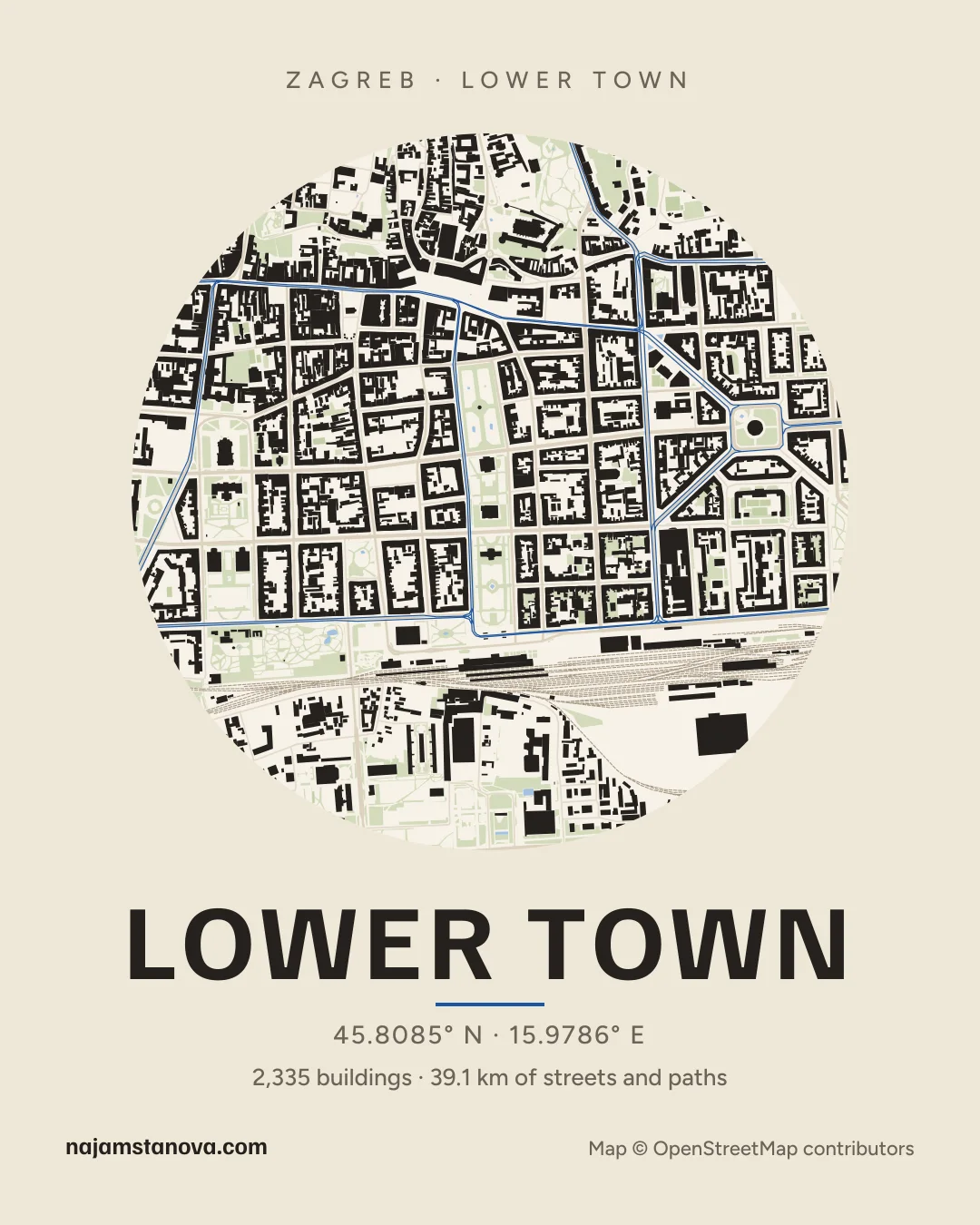 Map of Lower Town in the “Paper” style: buildings, streets, parks and water within 900 m