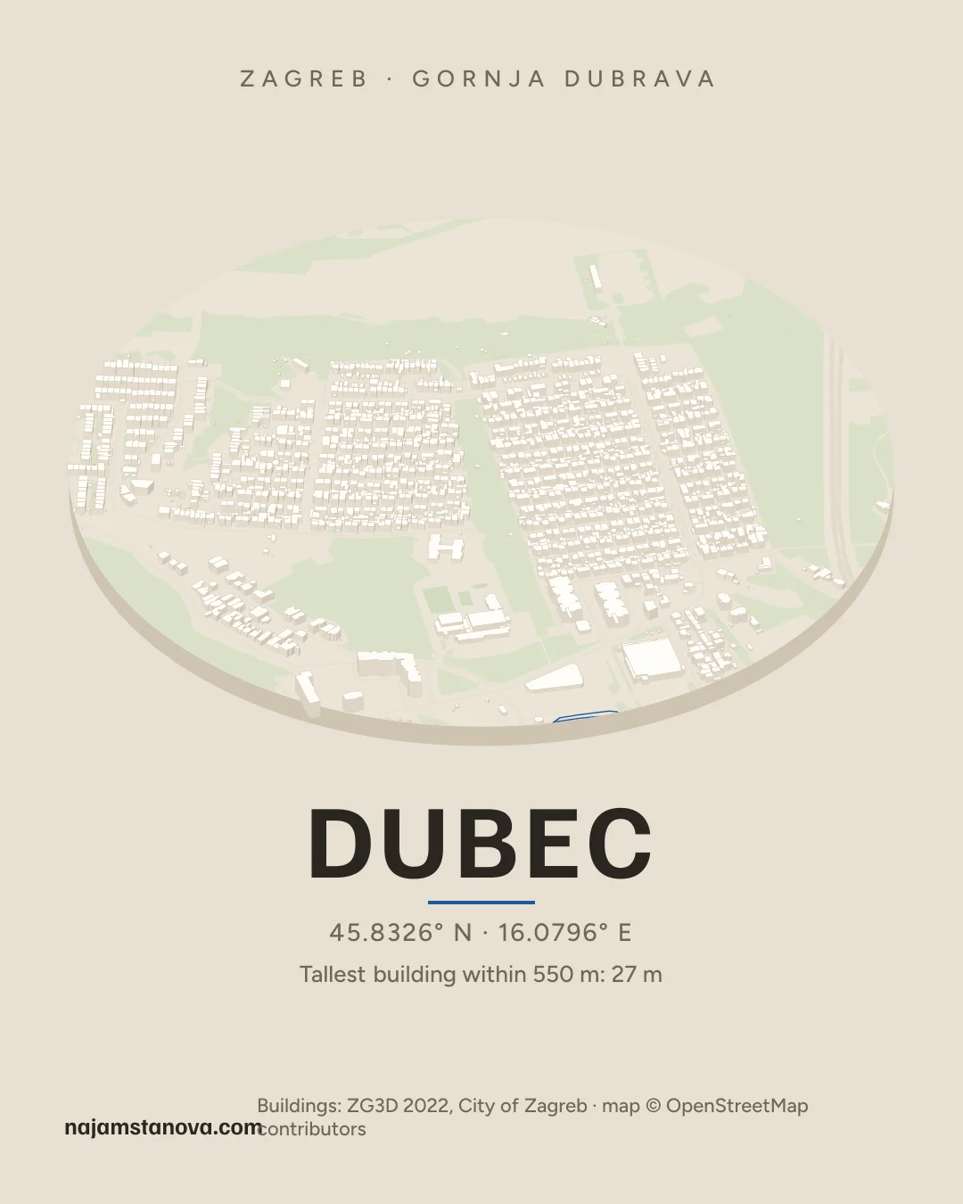Map of Dubec in the “Drone” style: buildings, streets, parks and water within 900 m