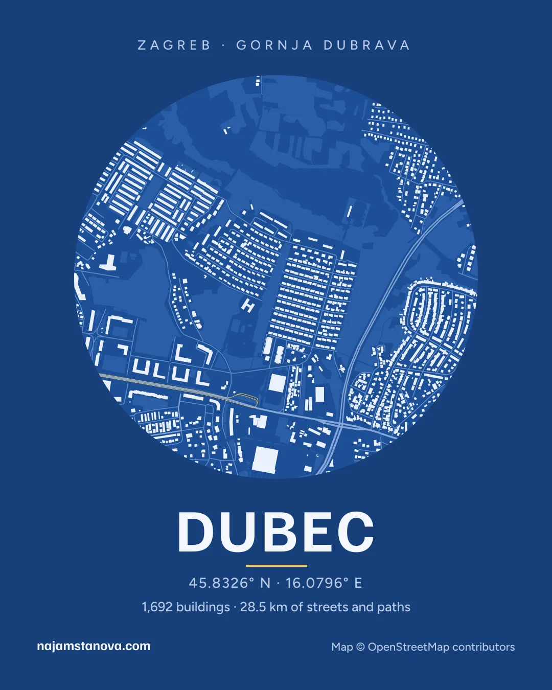 Map of Dubec in the “Blueprint” style: buildings, streets, parks and water within 900 m