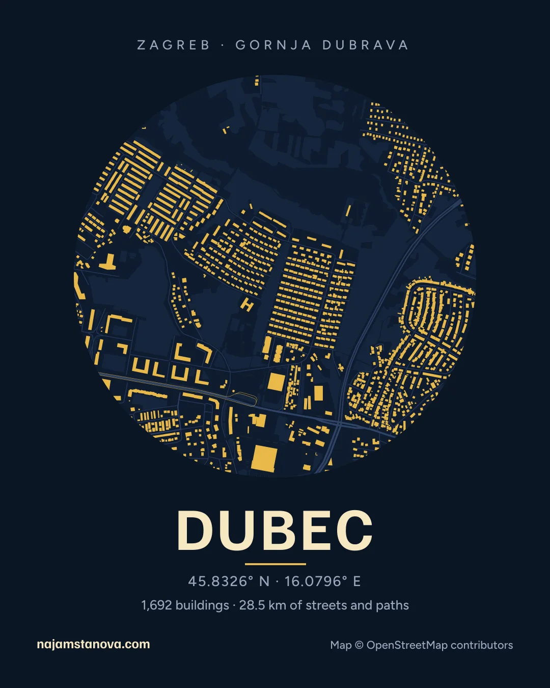Map of Dubec in the “Night” style: buildings, streets, parks and water within 900 m