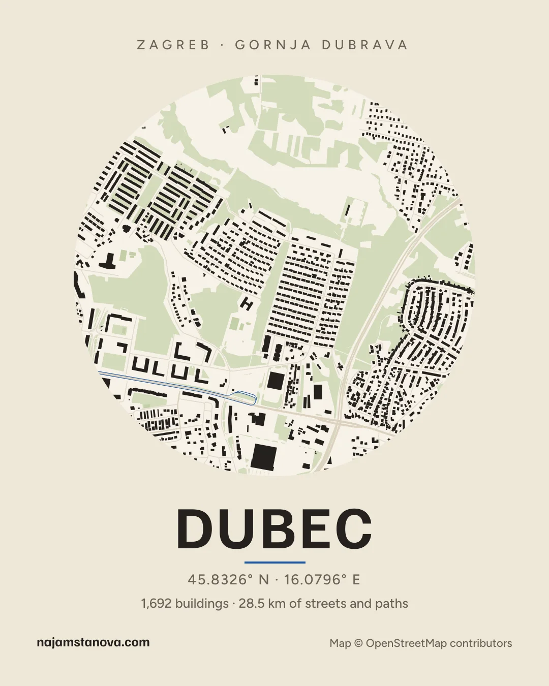 Map of Dubec in the “Paper” style: buildings, streets, parks and water within 900 m