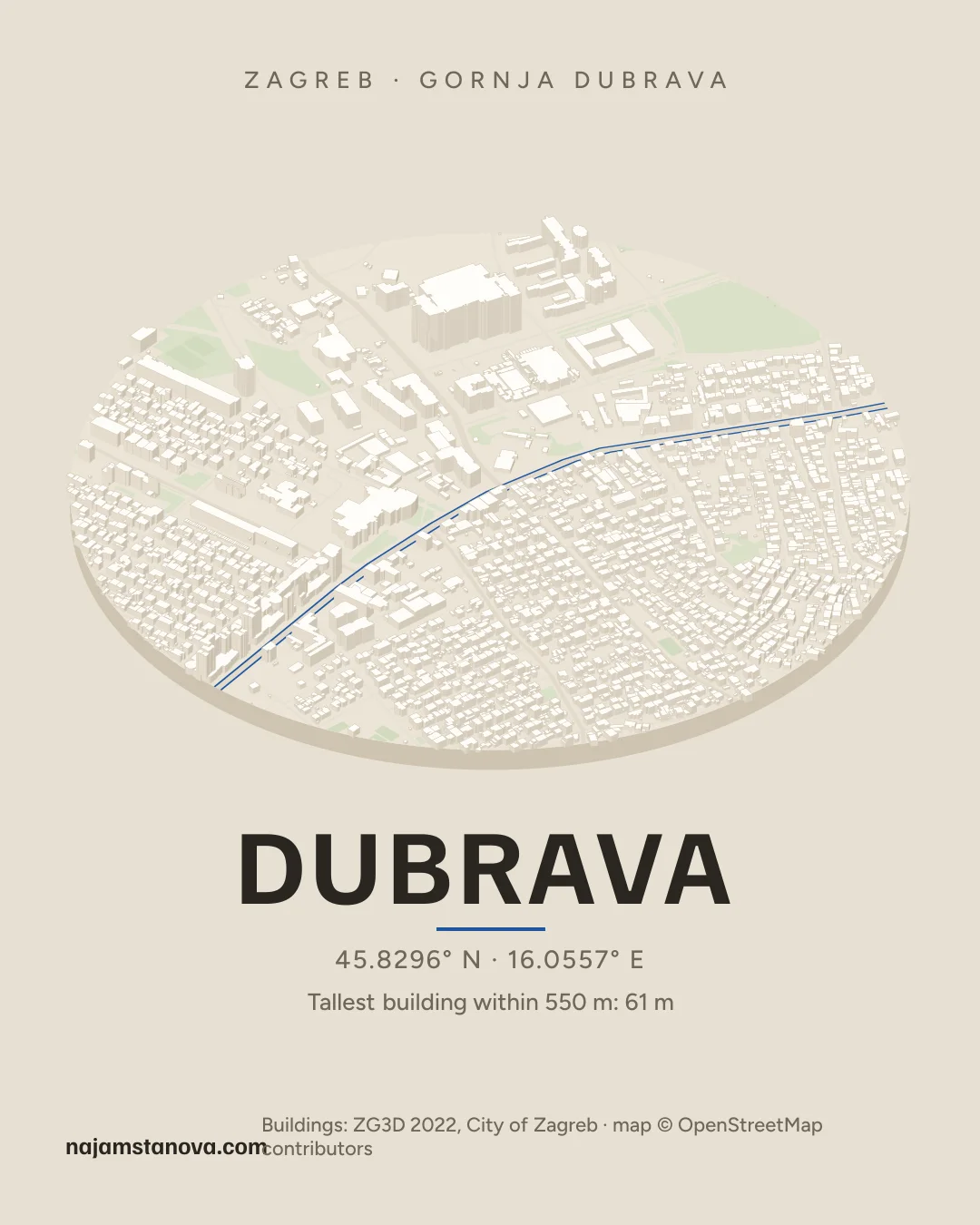 Map of Dubrava in the “Drone” style: buildings, streets, parks and water within 900 m