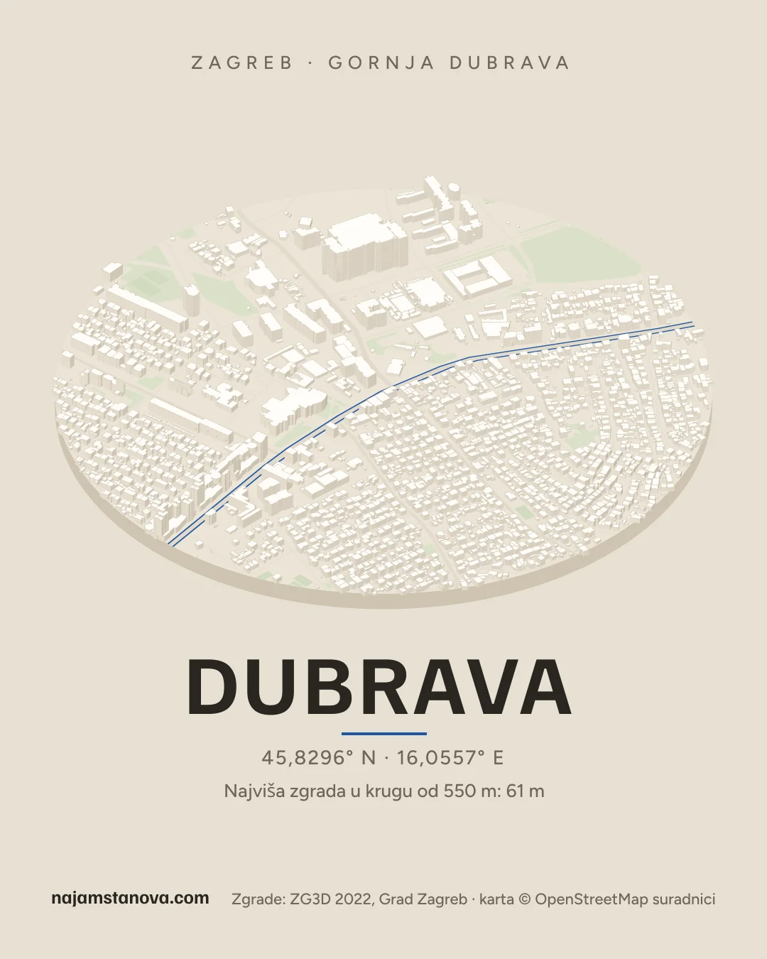 Karta kvarta Dubrava u stilu „Dron”: zgrade, ulice, parkovi i vode u krugu od 900 m