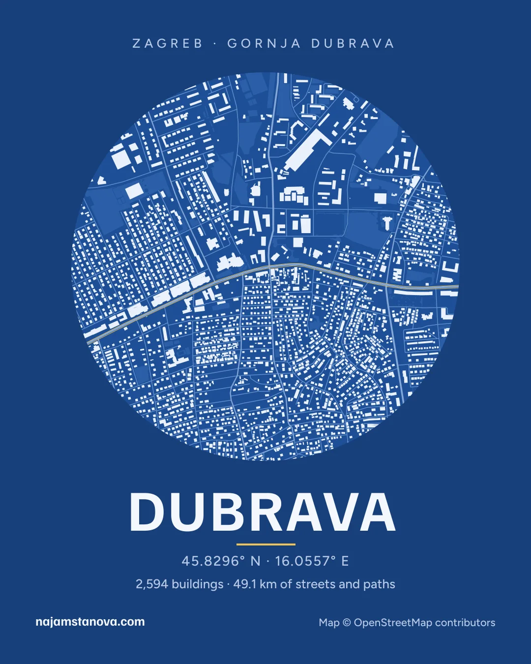 Map of Dubrava in the “Blueprint” style: buildings, streets, parks and water within 900 m