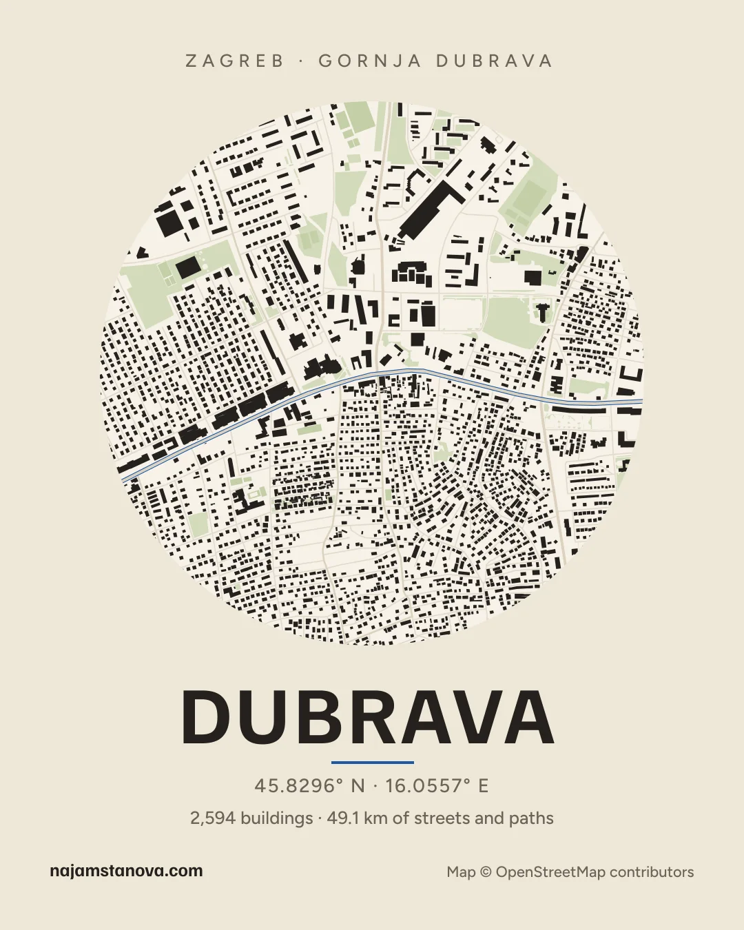 Map of Dubrava in the “Paper” style: buildings, streets, parks and water within 900 m