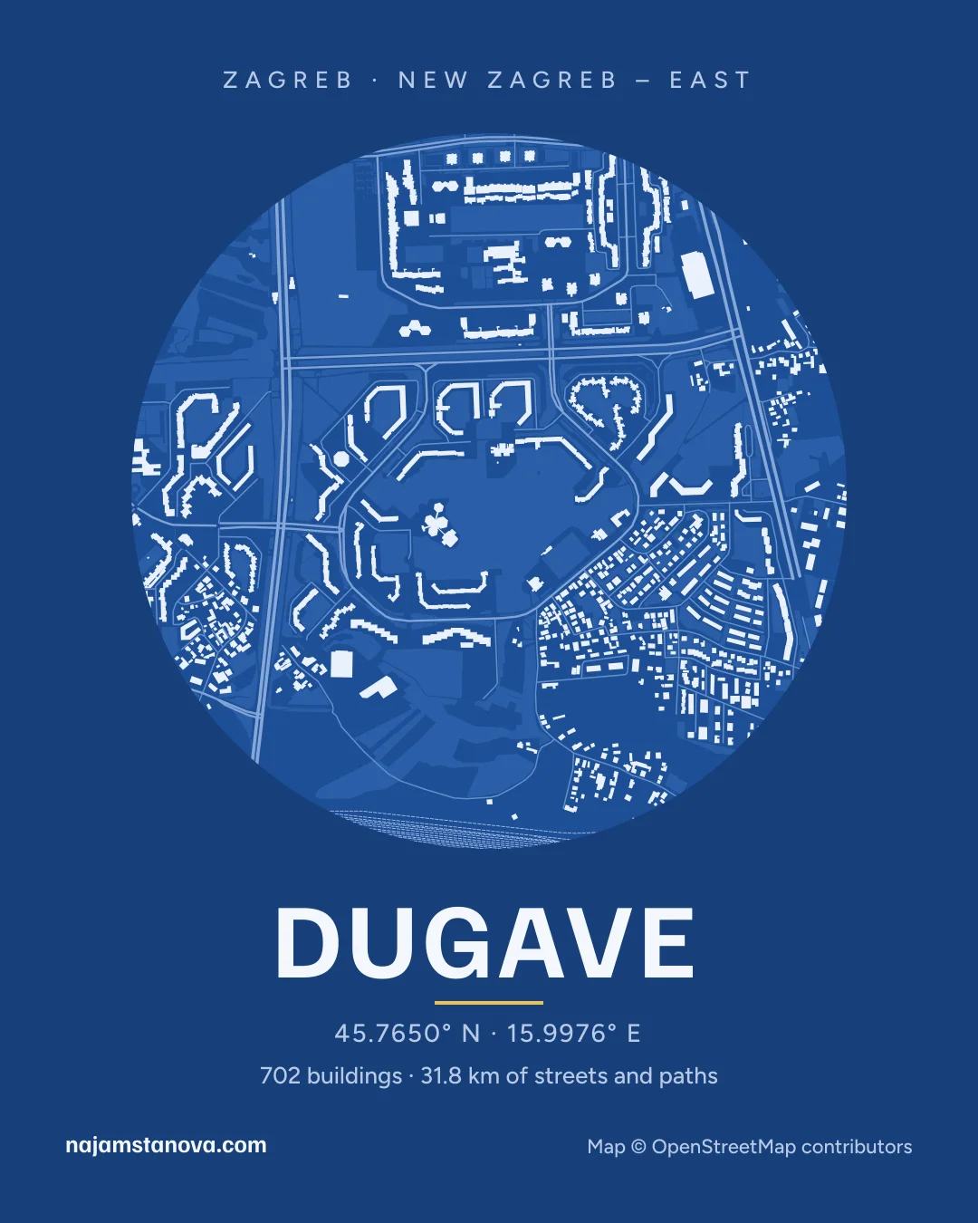 Map of Dugave in the “Blueprint” style: buildings, streets, parks and water within 900 m