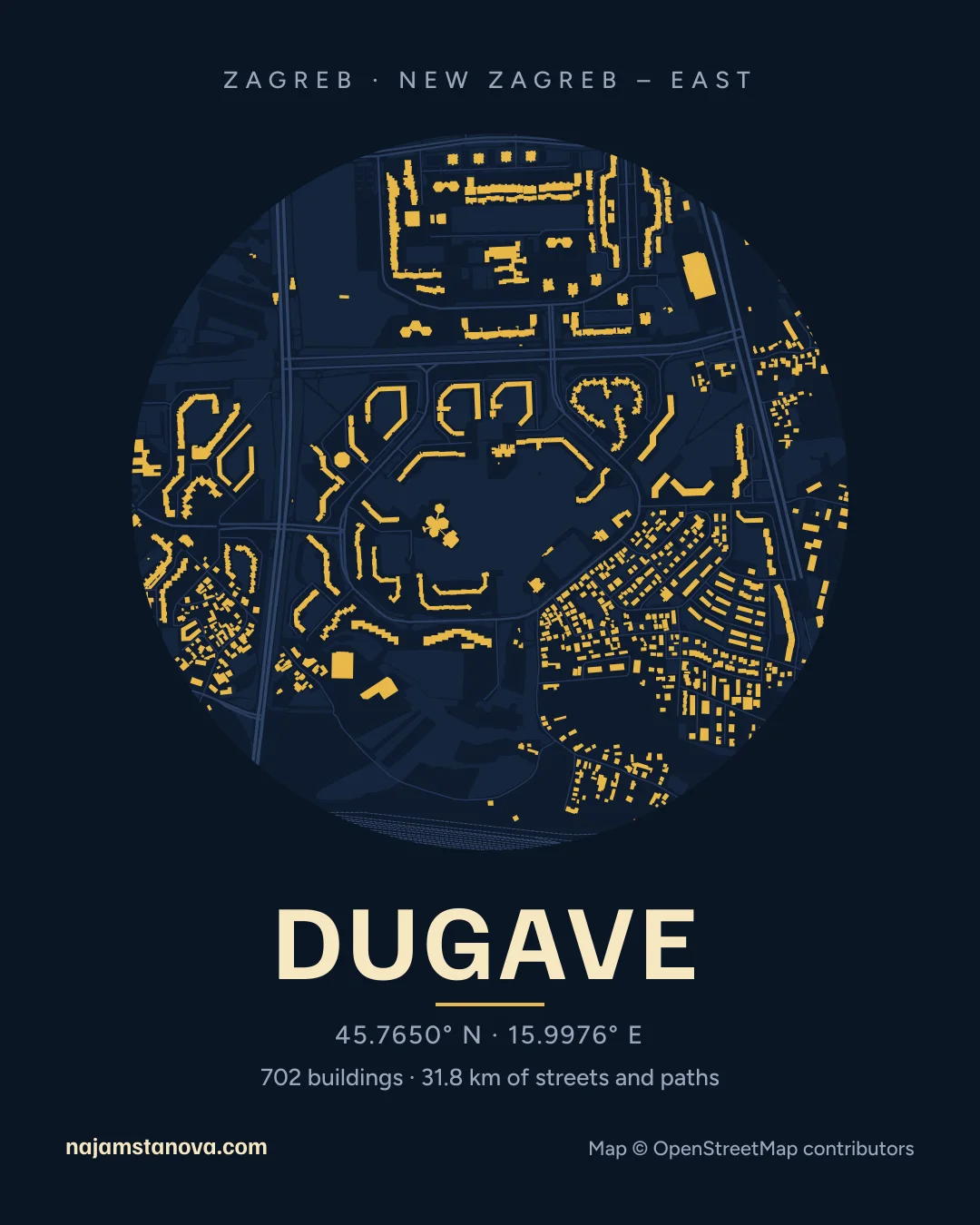 Map of Dugave in the “Night” style: buildings, streets, parks and water within 900 m