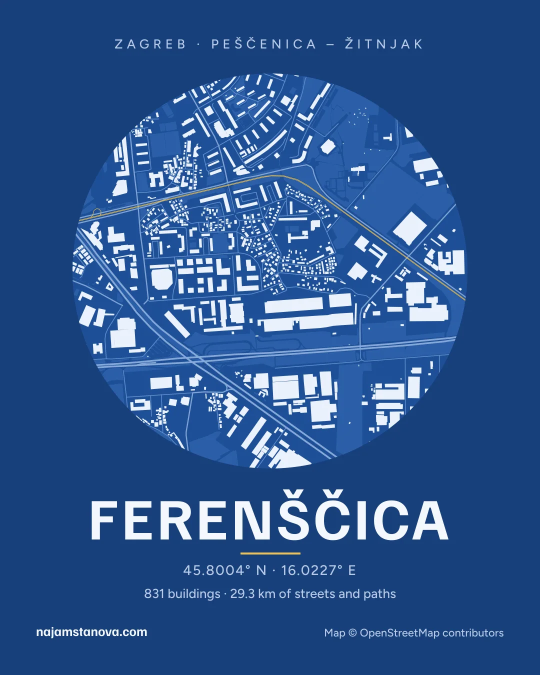 Map of Ferenščica in the “Blueprint” style: buildings, streets, parks and water within 900 m