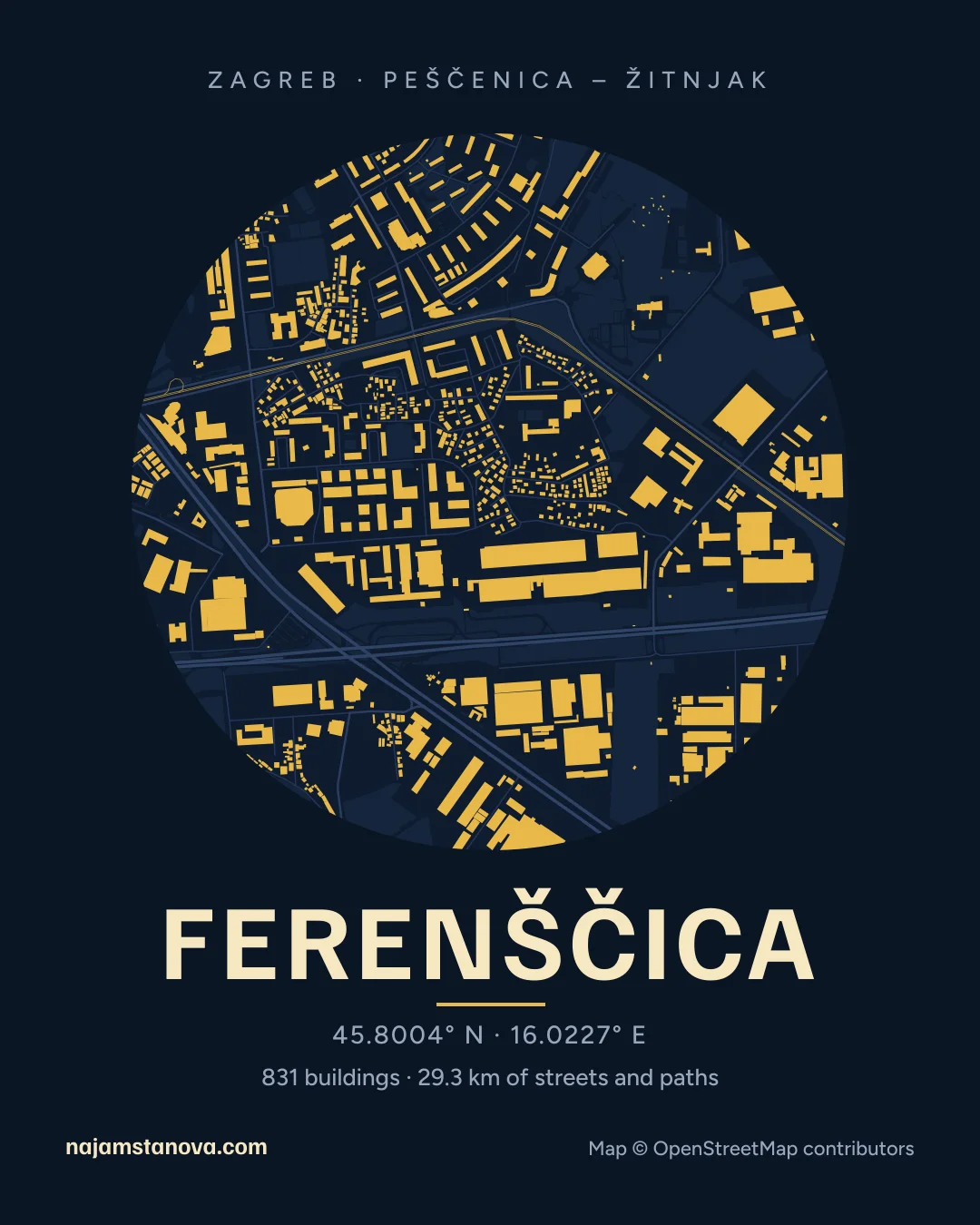 Map of Ferenščica in the “Night” style: buildings, streets, parks and water within 900 m