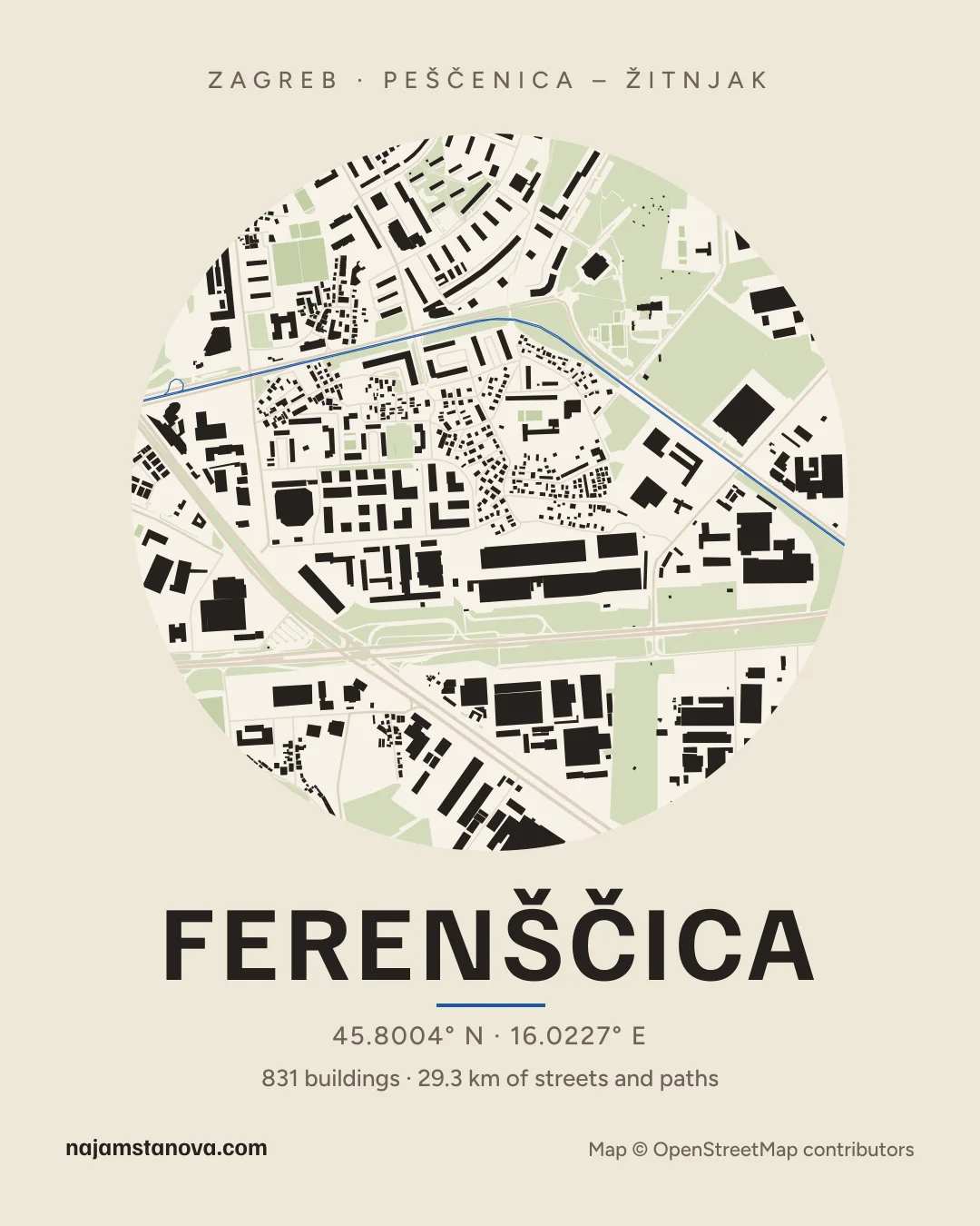Map of Ferenščica in the “Paper” style: buildings, streets, parks and water within 900 m