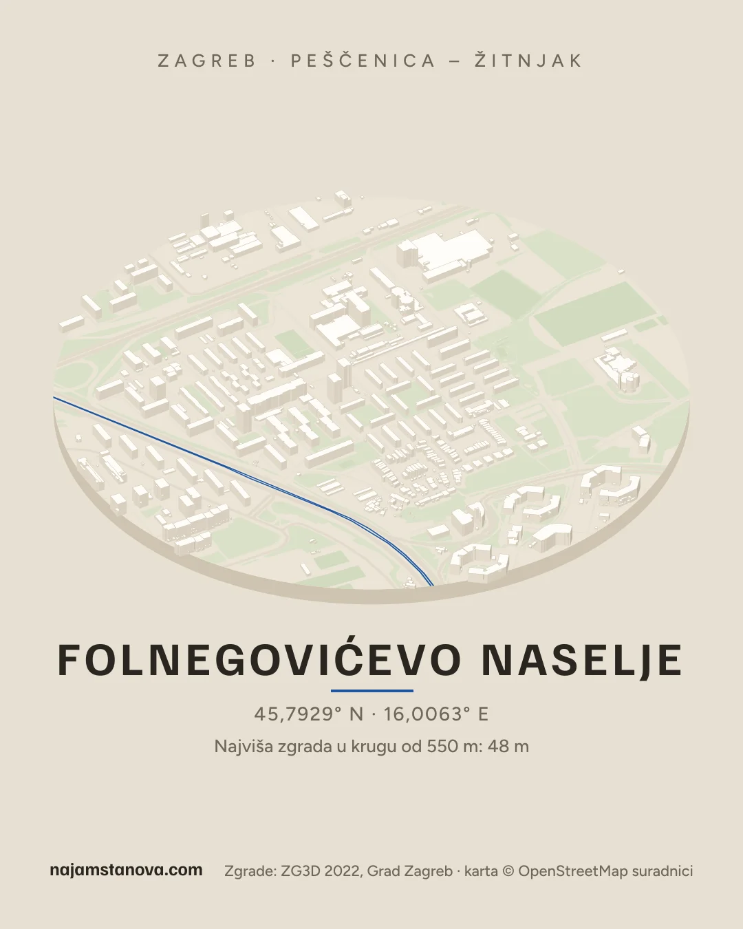 Karta kvarta Folnegovićevo naselje u stilu „Dron”: zgrade, ulice, parkovi i vode u krugu od 900 m